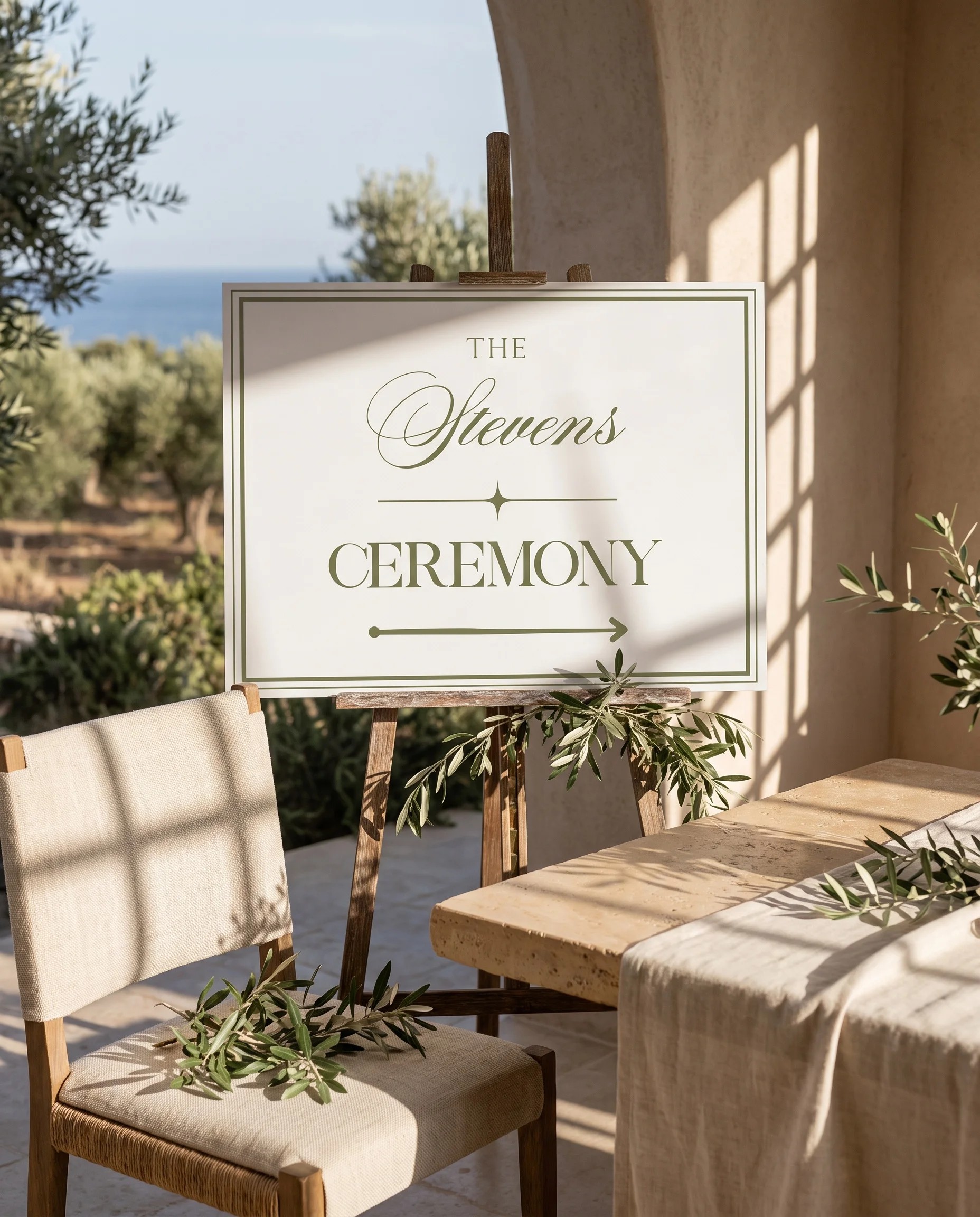 Olive Script wedding ceremony sign — shown beside furniture for scale under soft natural light with a slight overhead angle, wedding signage.