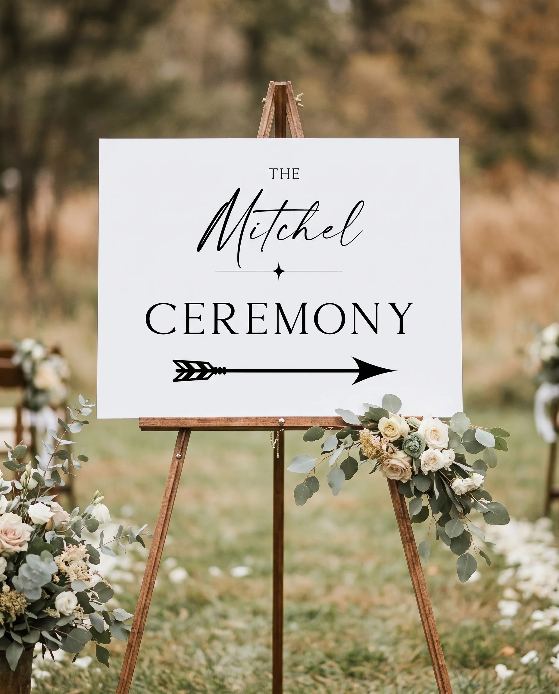 Arcadia wedding ceremony sign — the sign displayed at a wedding ceremony setting under soft natural light with a slight overhead angle, unplugged ceremony sign.