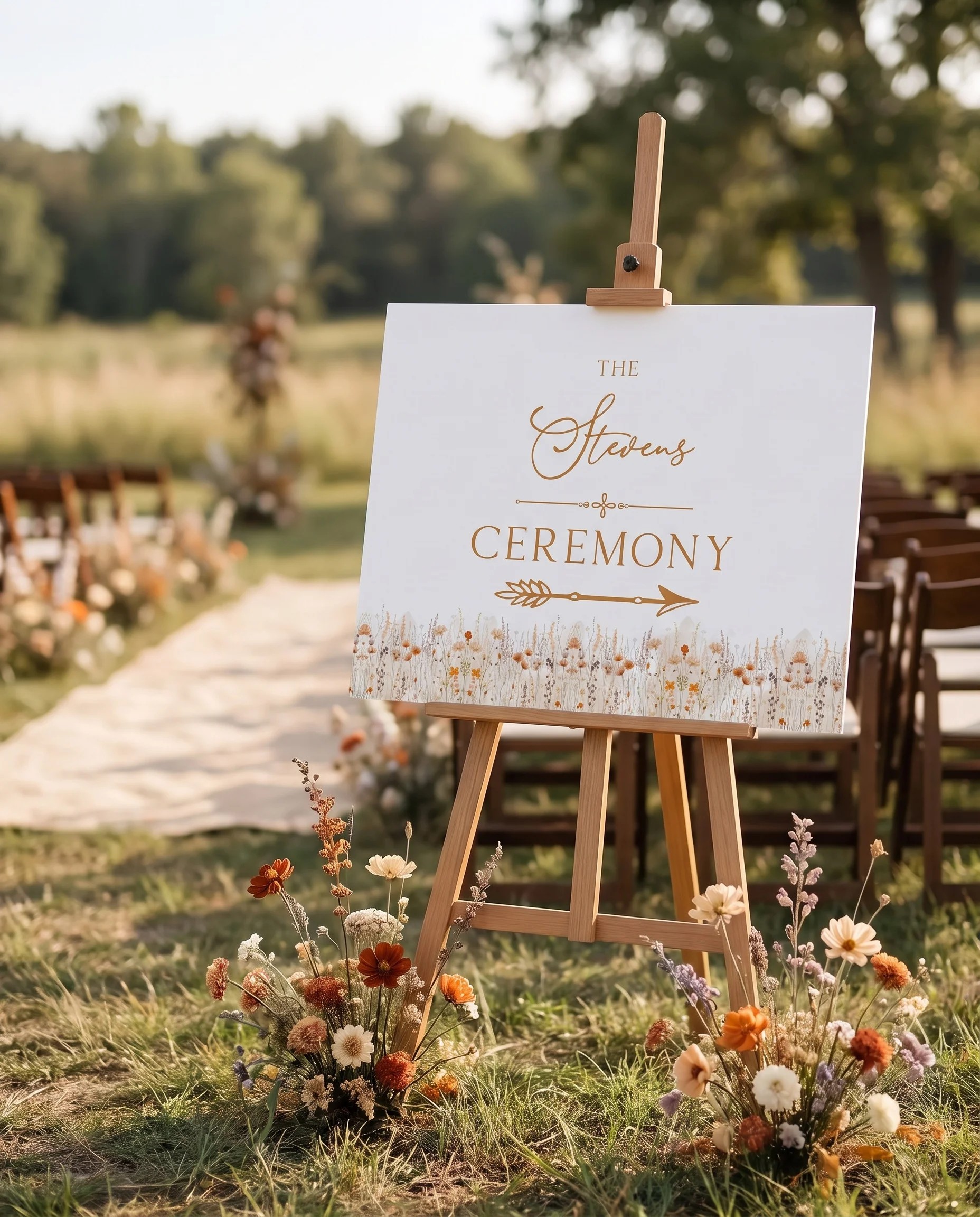 Amber Meadow wedding ceremony sign — displayed at a wedding ceremony setting under soft natural light, unplugged ceremony sign.