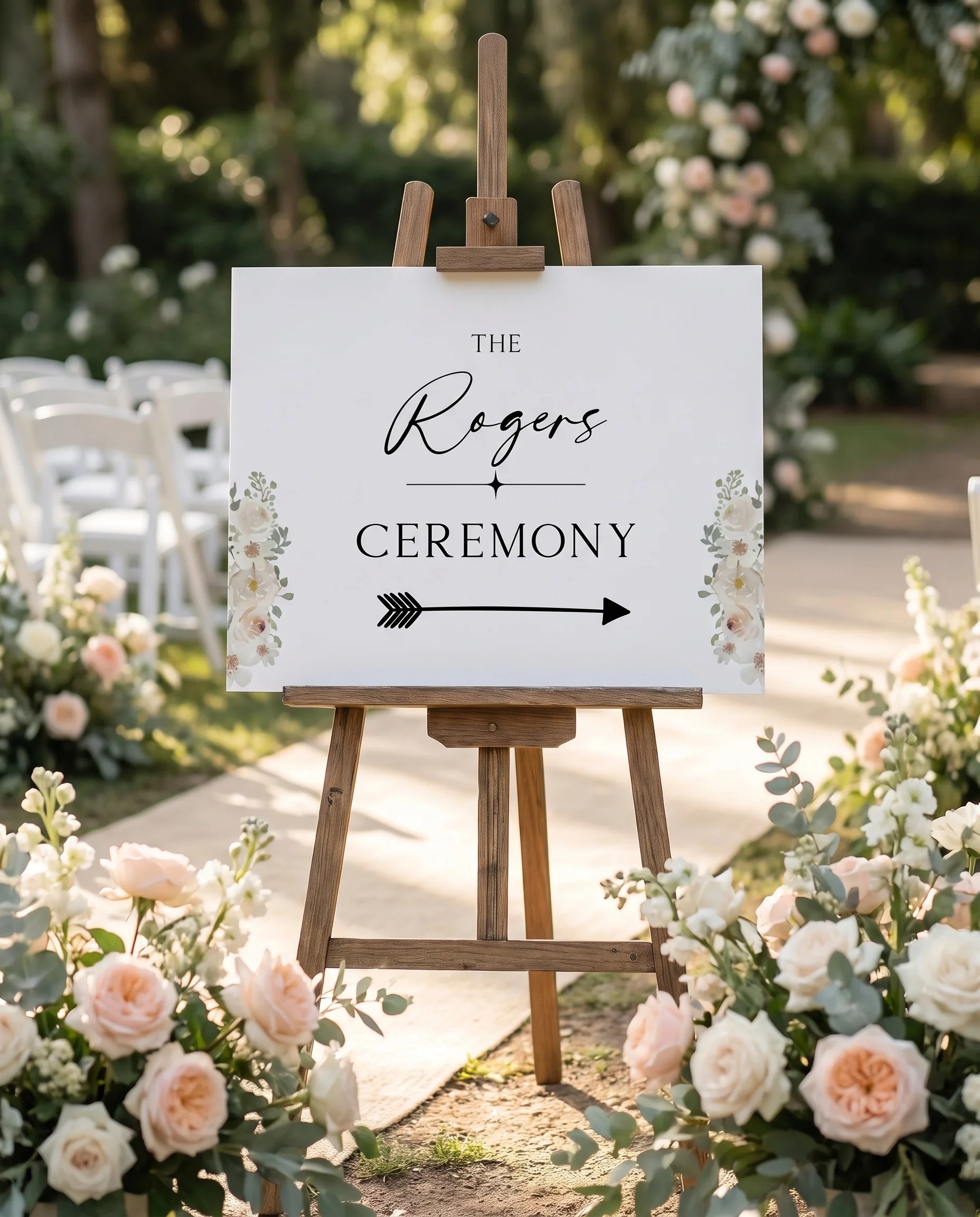 Seraphine wedding ceremony sign — shown at a wedding ceremony setting under soft natural light, unplugged ceremony sign.