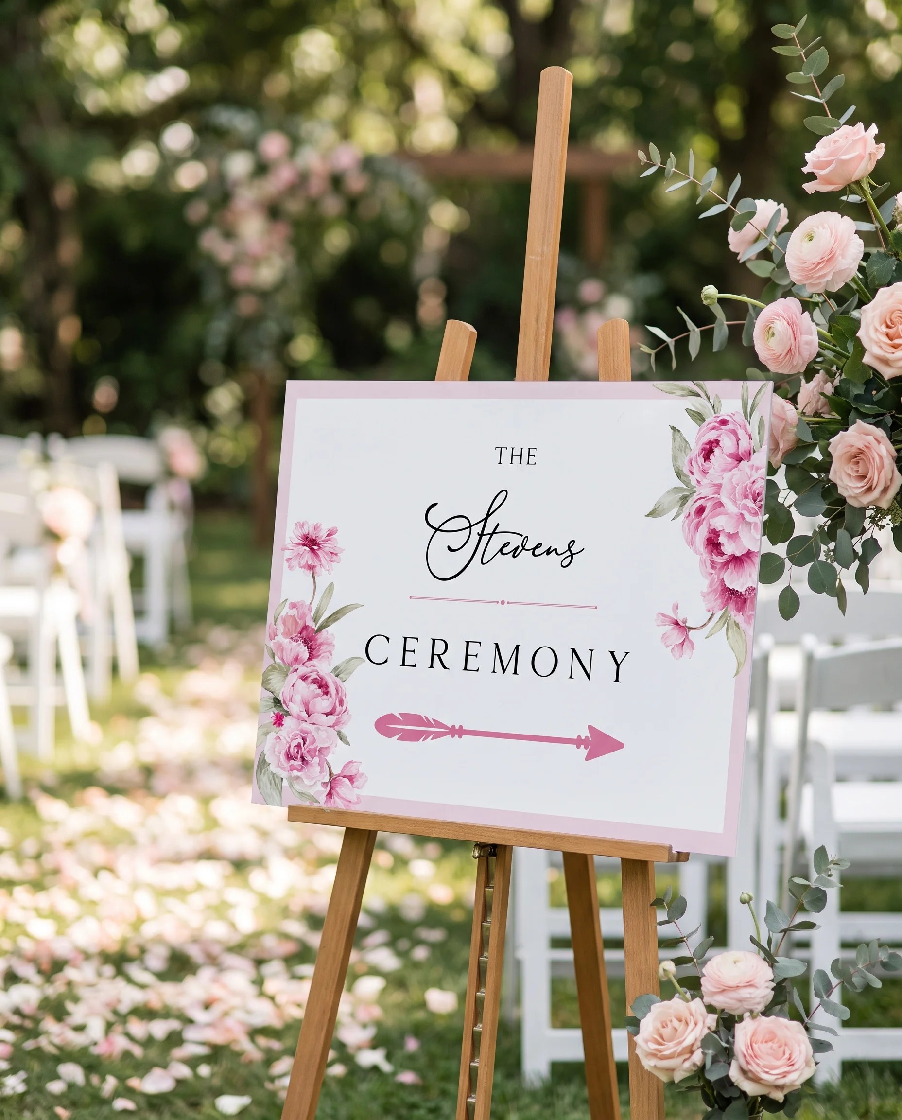 Blush Peony wedding ceremony sign — shown at a wedding ceremony setting under soft natural light, unplugged ceremony sign.
