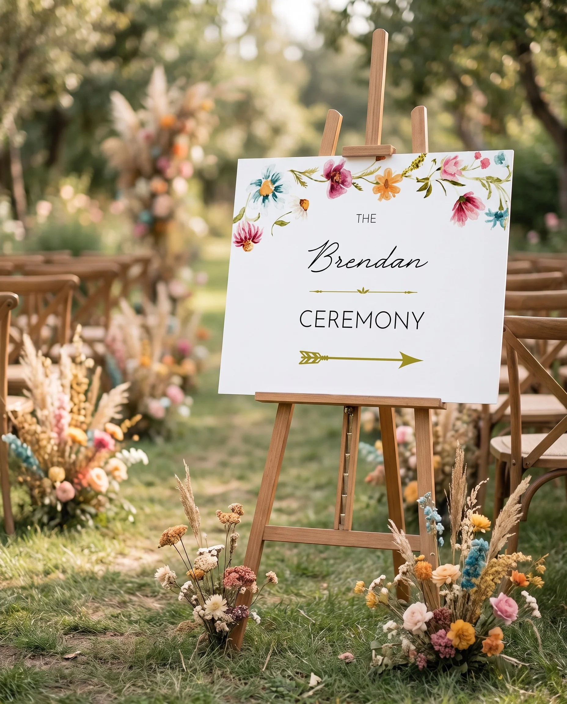 Meadow Ring wedding ceremony sign — displayed at a wedding ceremony setting under soft natural light, unplugged ceremony sign.