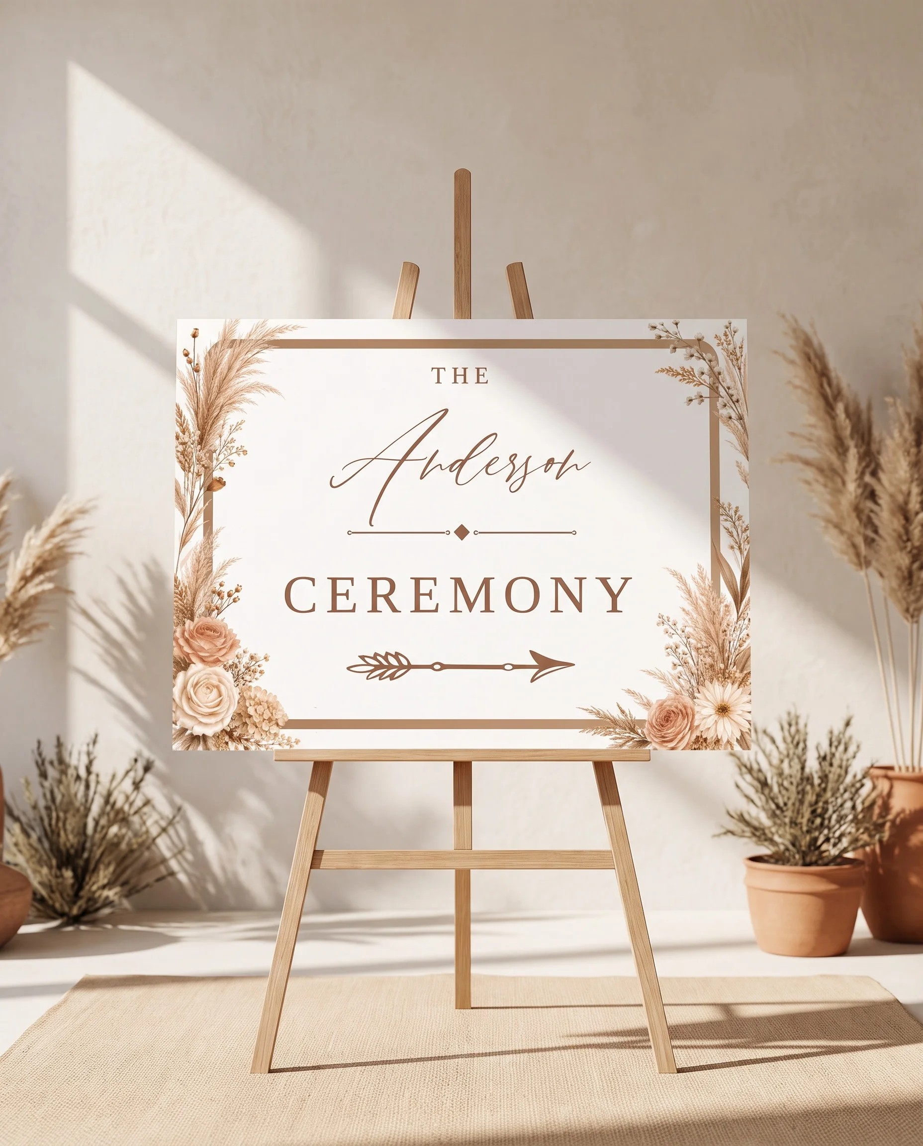 Pampas Hush wedding ceremony sign — shown on an easel on premium paper under soft natural light, wedding ceremony signs.