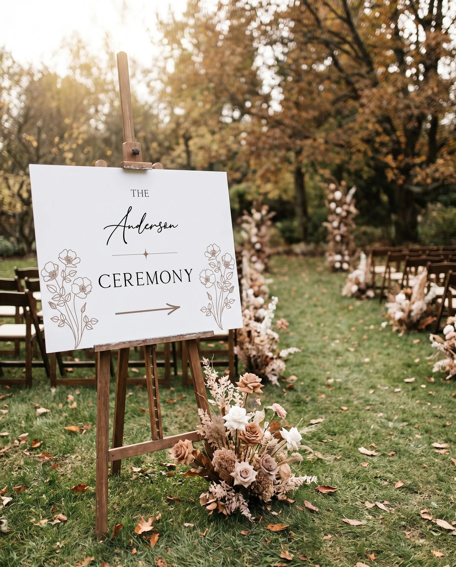 Anemora wedding ceremony sign — displayed at a ceremony setting under soft natural light with a slight overhead angle, unplugged ceremony sign.