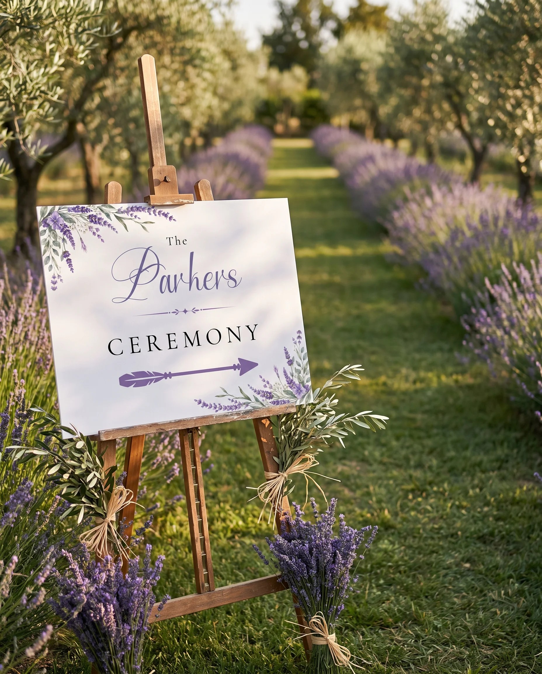 Provence Fields wedding ceremony sign — displayed at a wedding ceremony setting under soft natural light, unplugged ceremony sign.