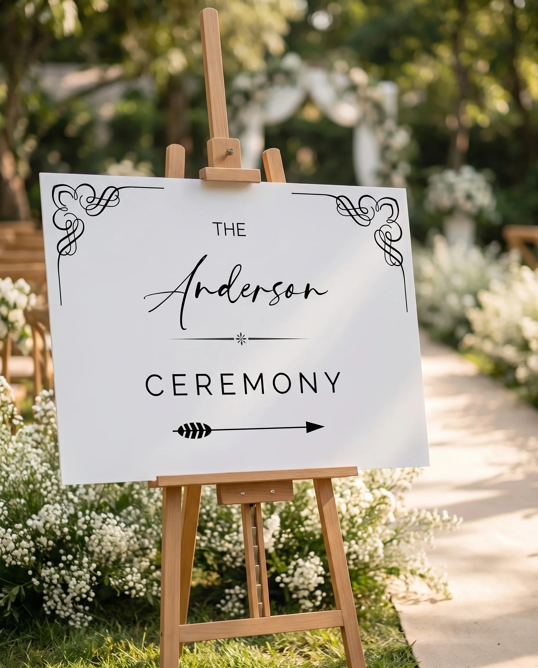 Cathedral wedding ceremony sign — displayed at a wedding ceremony setting under soft natural light, slight overhead angle, unplugged ceremony sign