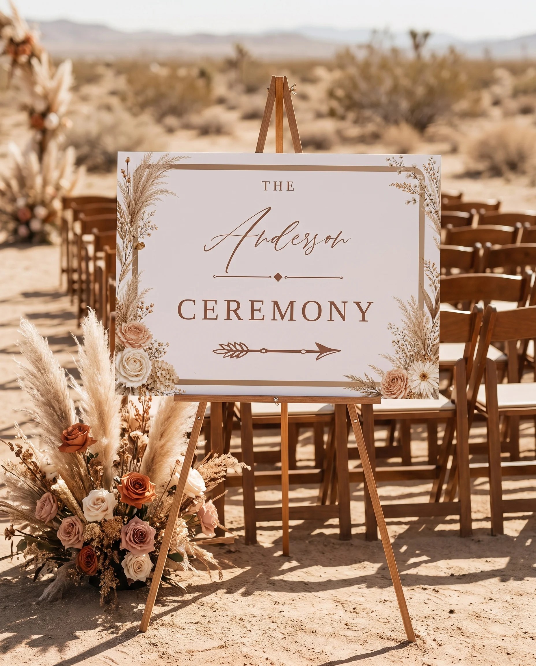 Pampas Hush wedding ceremony sign — displayed at a wedding ceremony setting under soft natural light, unplugged ceremony sign.