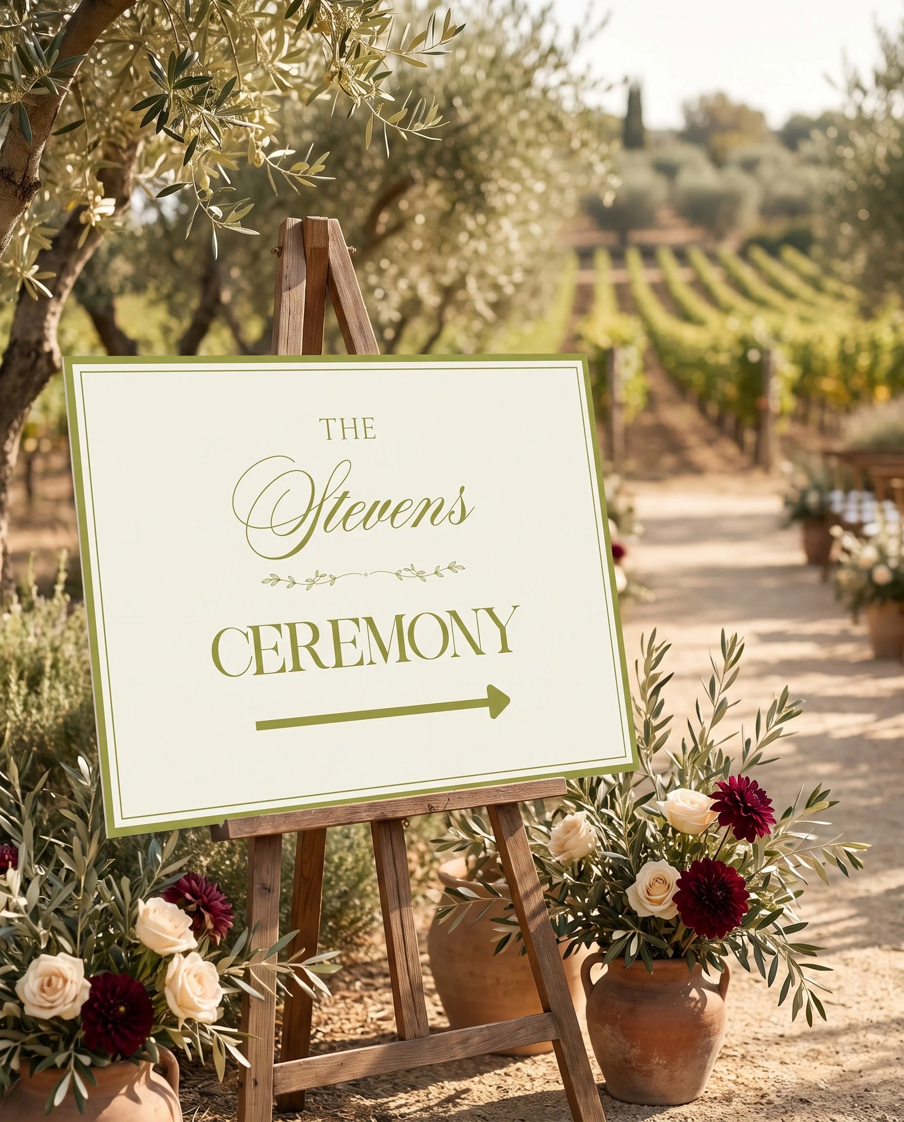 Olive Baroque wedding ceremony sign — displayed at a wedding ceremony setting in soft natural light, unplugged ceremony sign