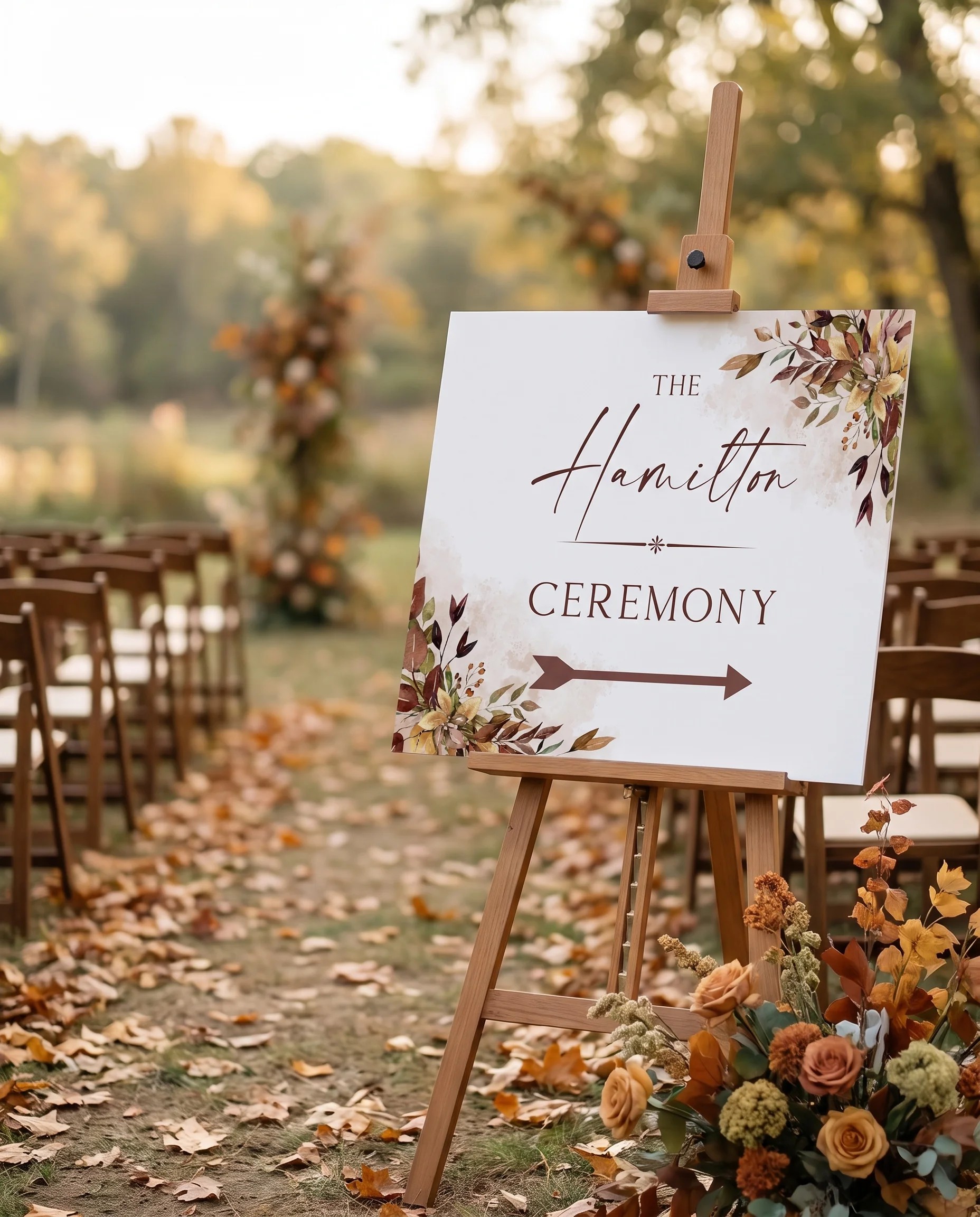 Autumn Bough wedding ceremony sign — displayed at a wedding ceremony setting under soft natural light, unplugged ceremony sign.