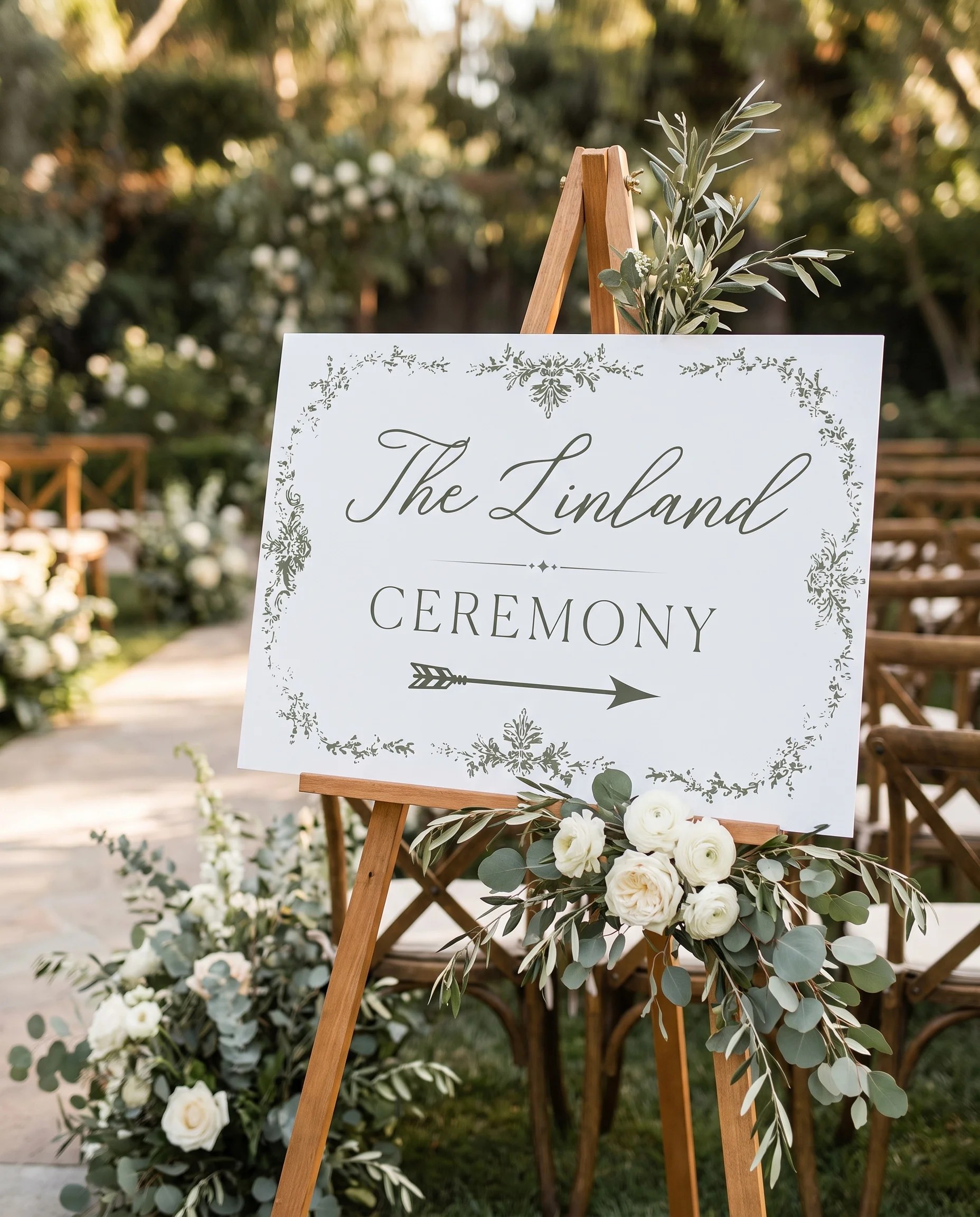 Sage Crest wedding ceremony sign — displayed at a wedding ceremony setting under soft natural light, unplugged ceremony sign.