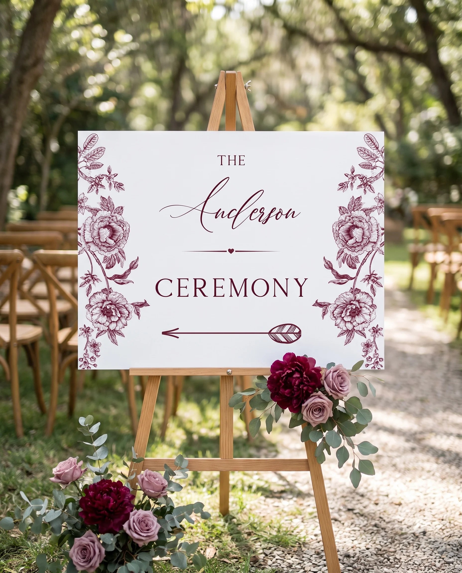 Chantilly wedding ceremony sign — shown at a wedding ceremony setting under soft natural light with a slight overhead angle, unplugged ceremony sign.