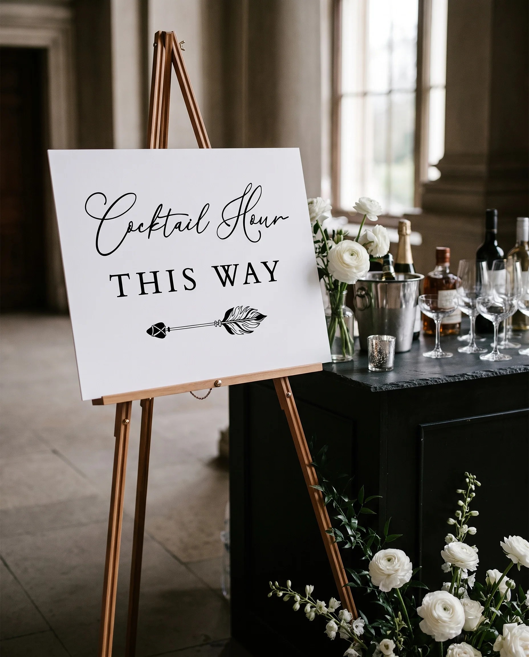 Monochrome Veil wedding cocktail hour sign — shown beside a drinks station on premium editorial paper in soft natural light, cocktail hour sign.