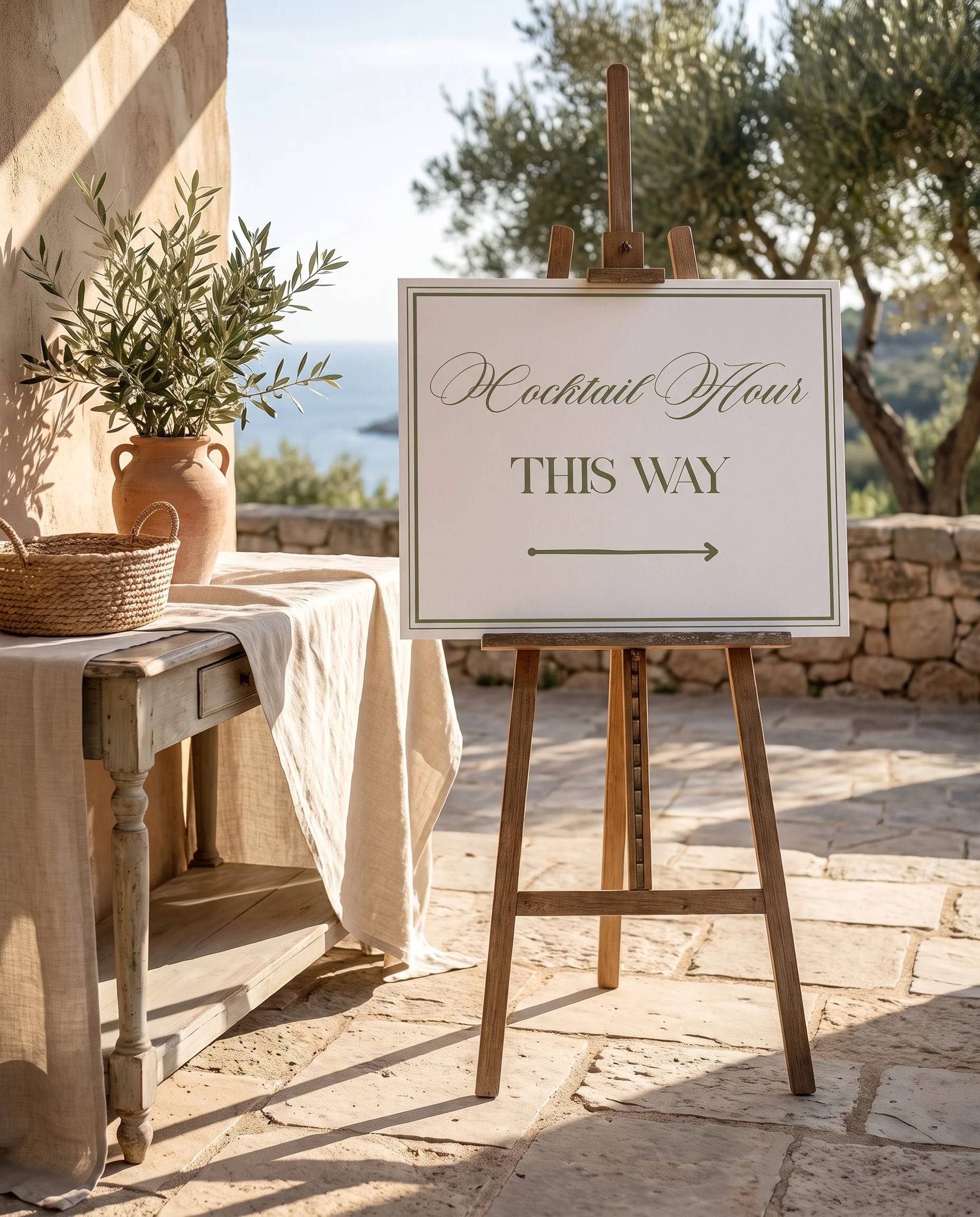 Olive Script wedding cocktail hour sign — shown beside furniture for scale on premium editorial paper under soft natural light, wedding signage
