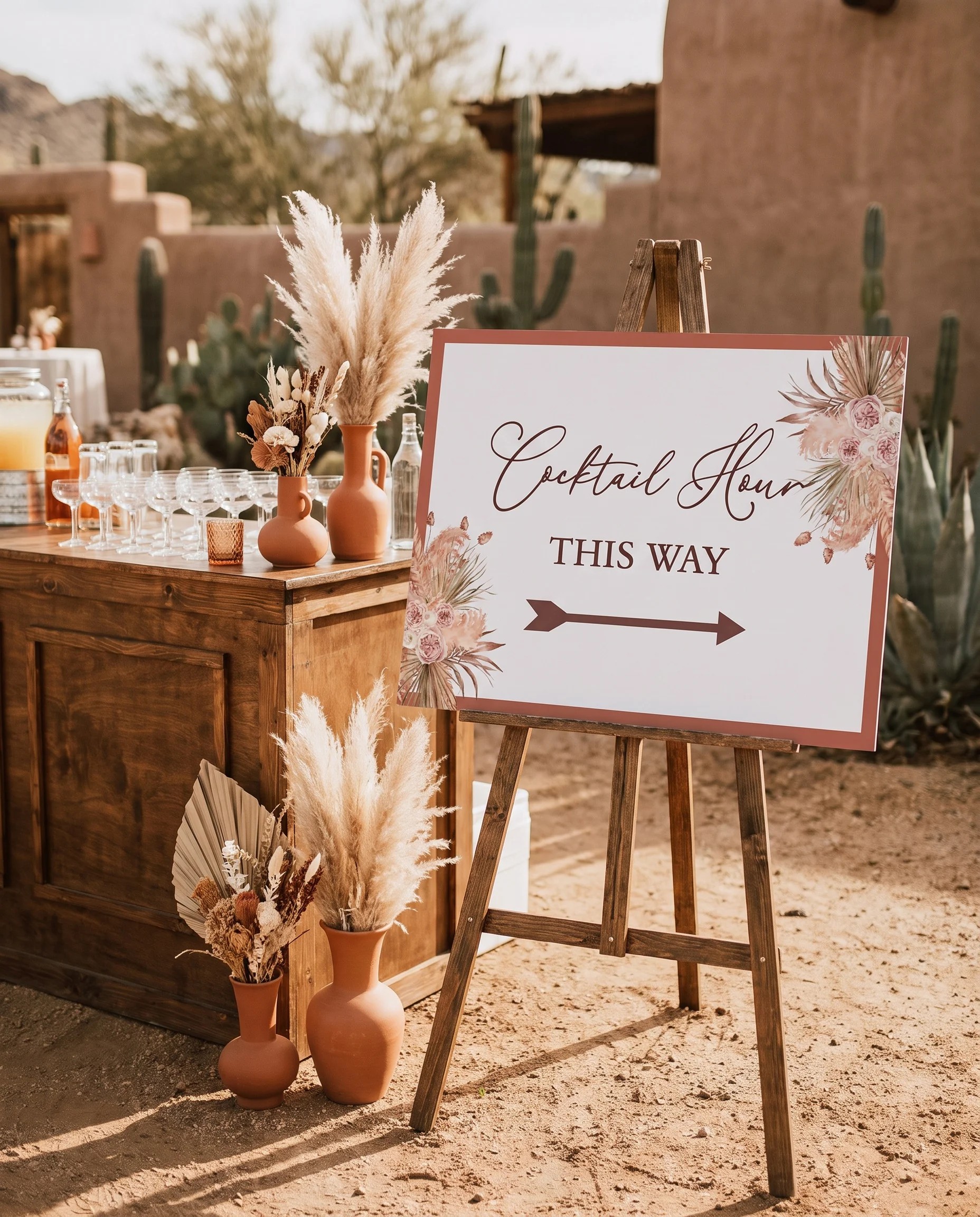Desert Bloom wedding cocktail hour sign — displayed beside a drinks station on premium editorial paper under soft natural light, cocktail hour sign.