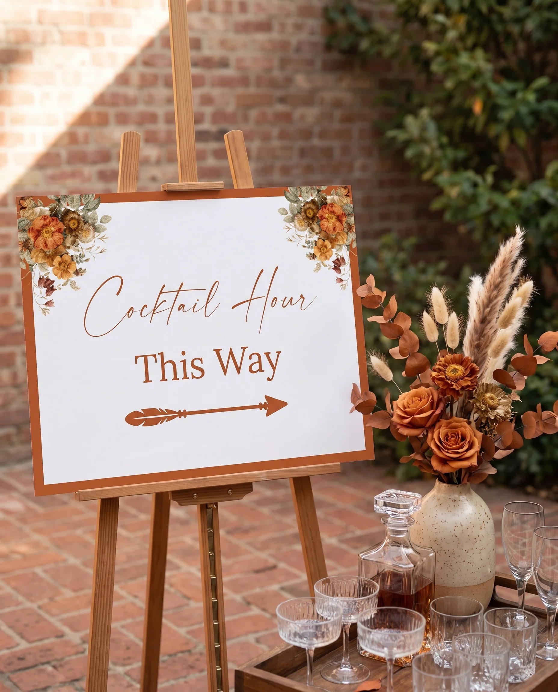 Terracotta Crown wedding cocktail hour sign — shown beside a drinks station on premium editorial paper in soft natural light, cocktail hour sign.