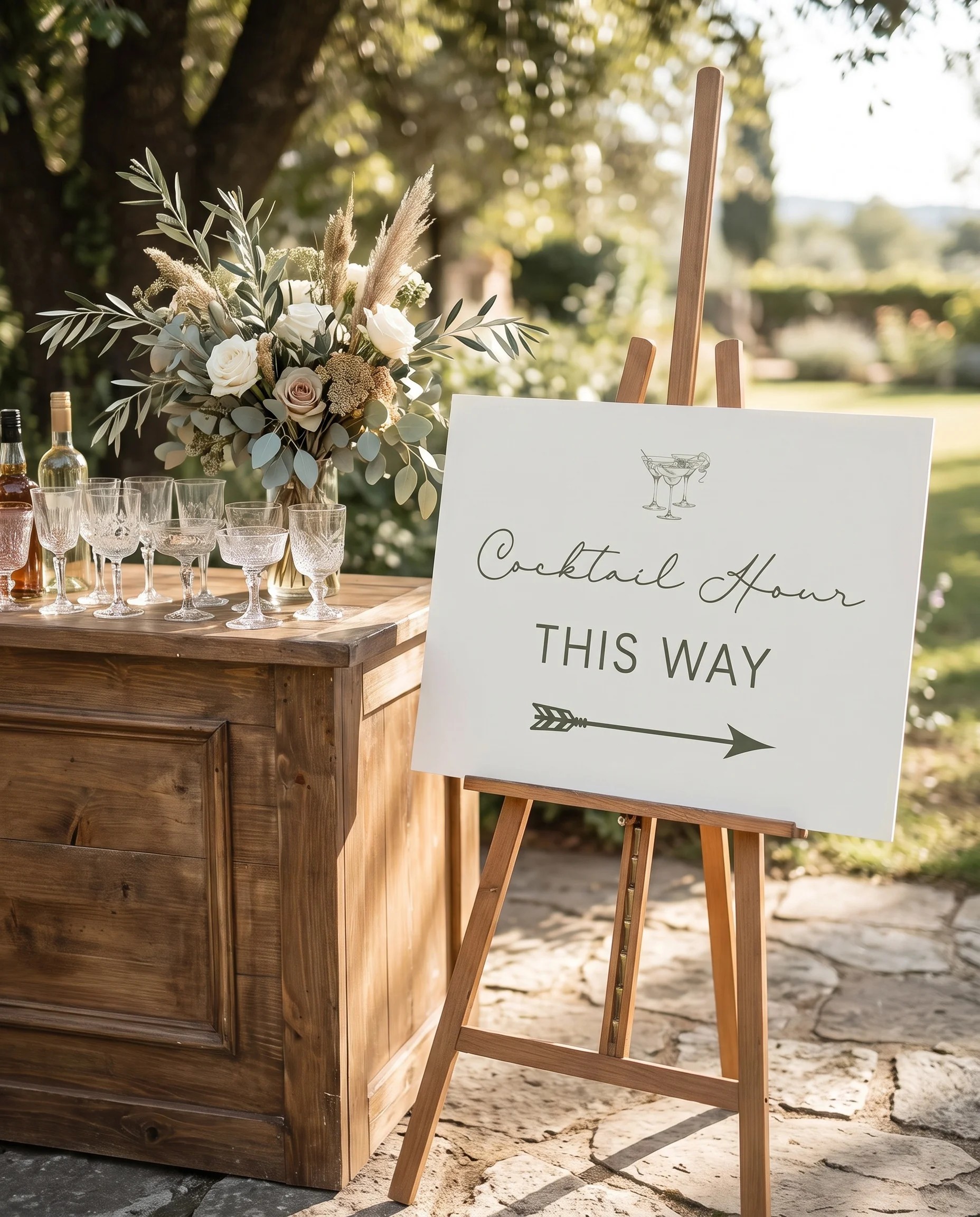 Manor Etching wedding cocktail hour sign — displayed beside a drinks station on premium editorial paper under soft natural light, cocktail hour sign