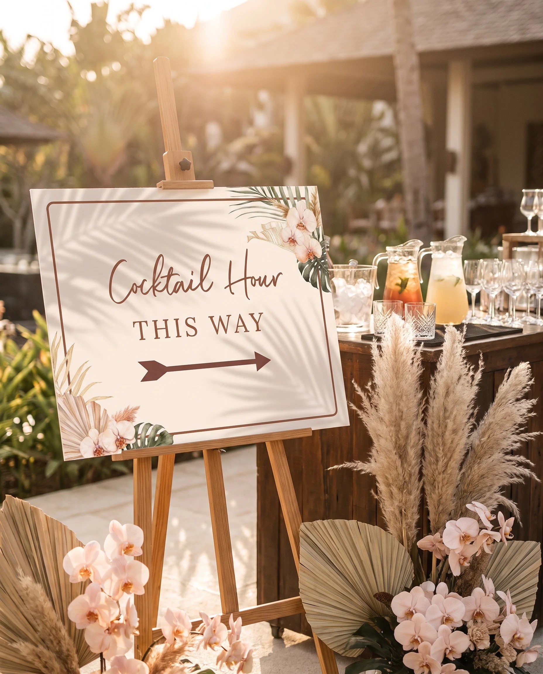Palm Orchid wedding cocktail hour sign — displayed beside a drinks station on premium editorial paper under soft natural light, cocktail hour sign.