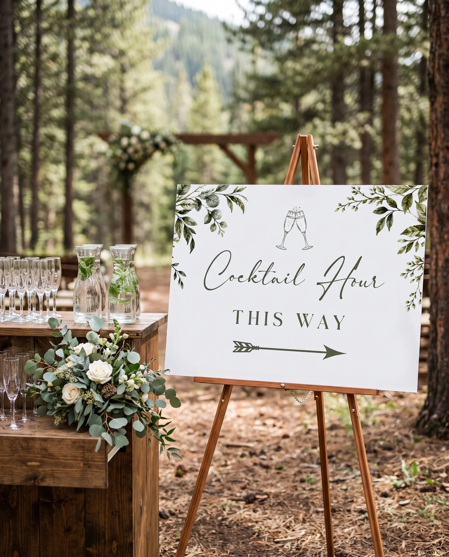 Canopy Grove wedding cocktail hour sign — shown beside a drinks station on premium editorial paper under soft natural light, cocktail hour sign.