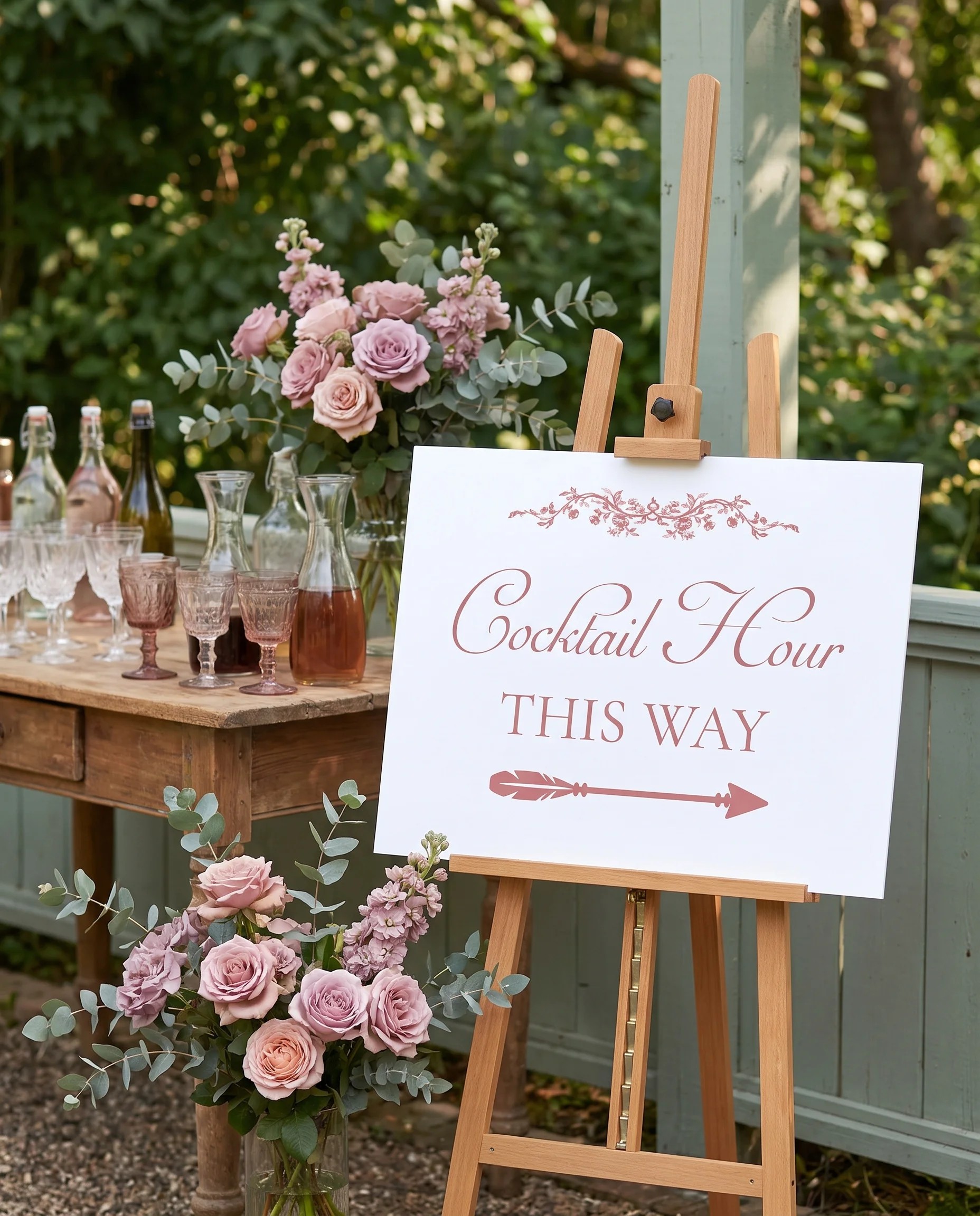 Rosewood Trellis wedding cocktail hour sign — displayed beside a drinks station on premium editorial paper in soft natural light, cocktail hour sign.