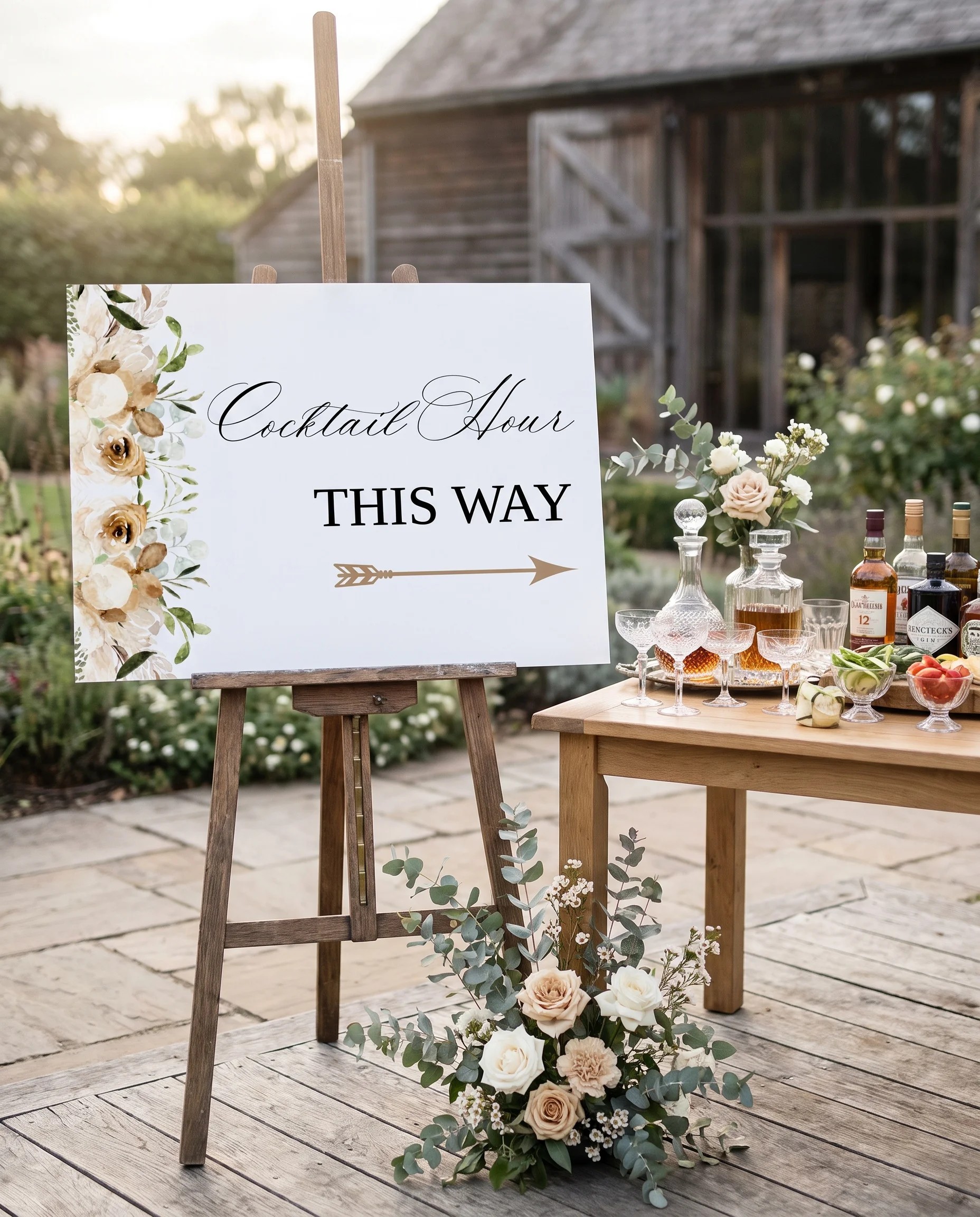 Meadow Veil wedding cocktail hour sign — shown beside a drinks station on premium editorial paper in soft natural light, cocktail hour sign.