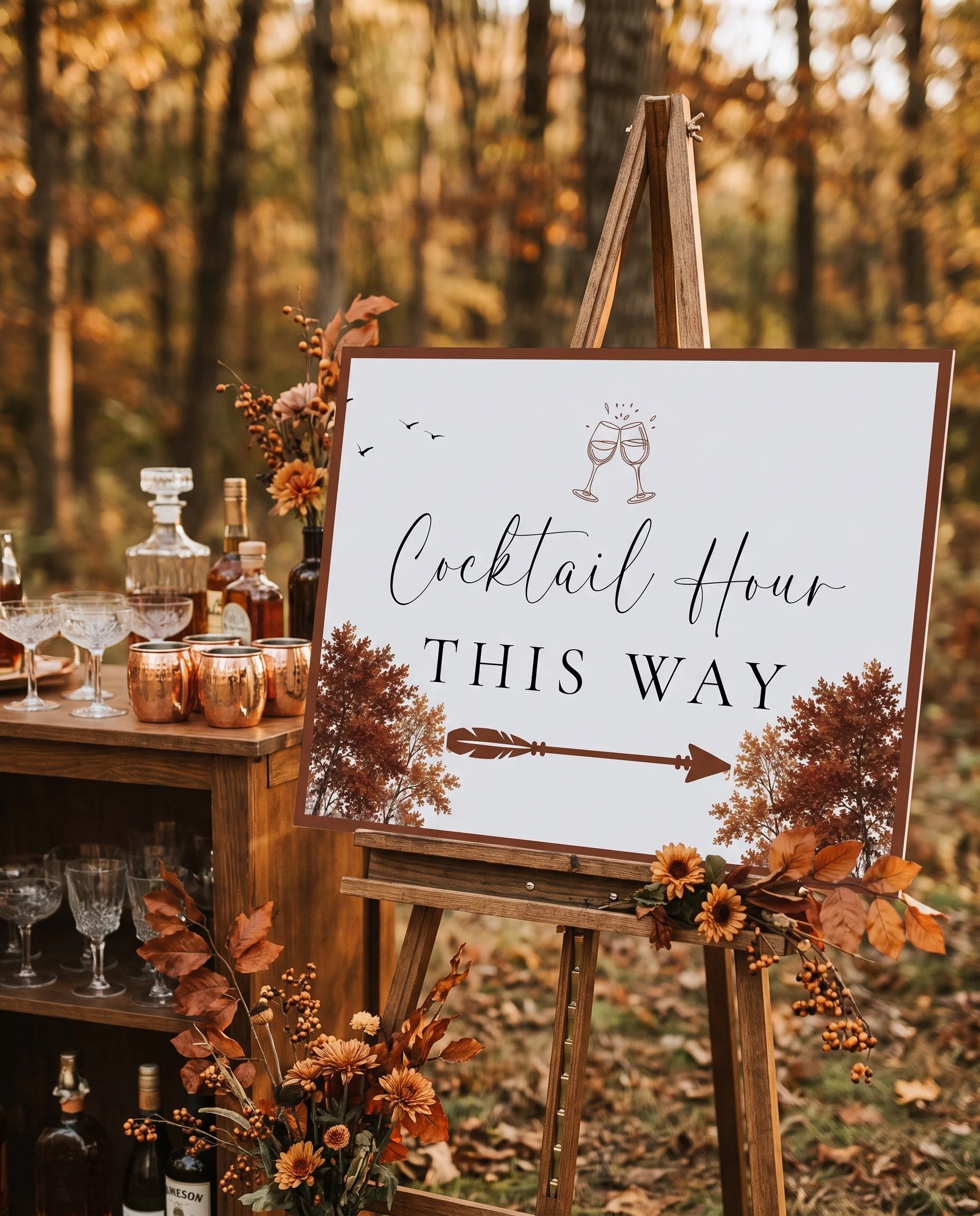 Timberline Reverie wedding cocktail hour sign — shown beside a drinks station on premium editorial paper in soft natural light, cocktail hour sign.
