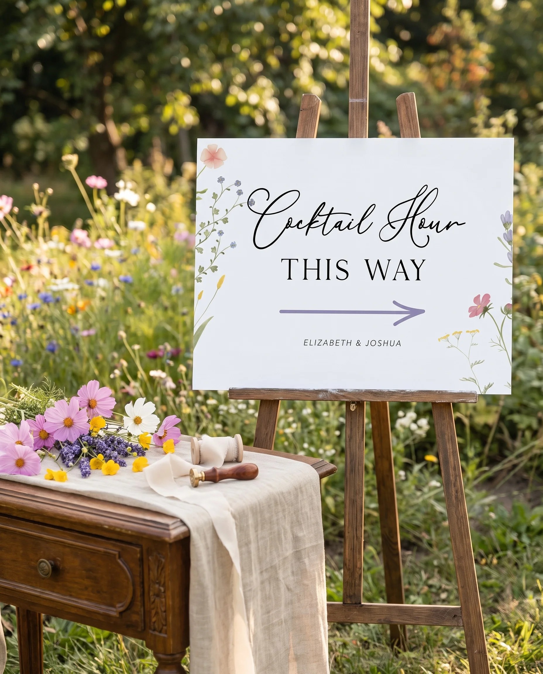 Floret Veil wedding cocktail hour sign — shown beside furniture for scale on premium editorial paper under soft natural light, wedding signage.