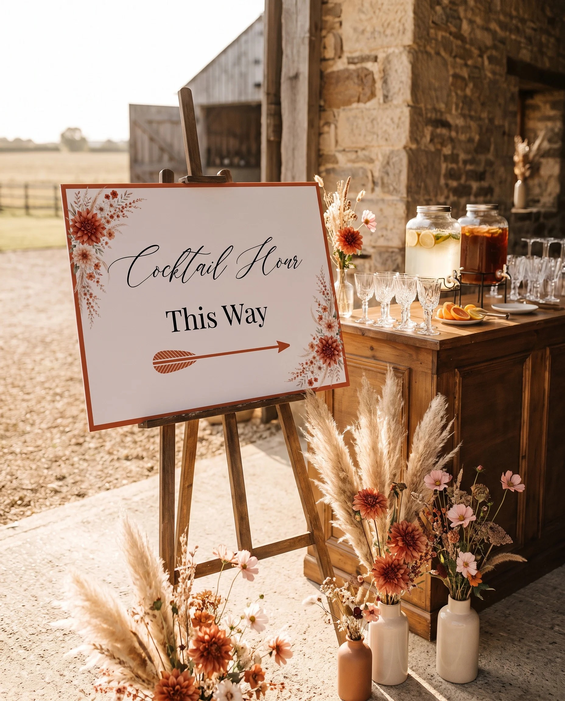 Dahlia Ember wedding cocktail hour sign — shown beside a drinks station on premium editorial paper in soft natural light, cocktail hour sign.