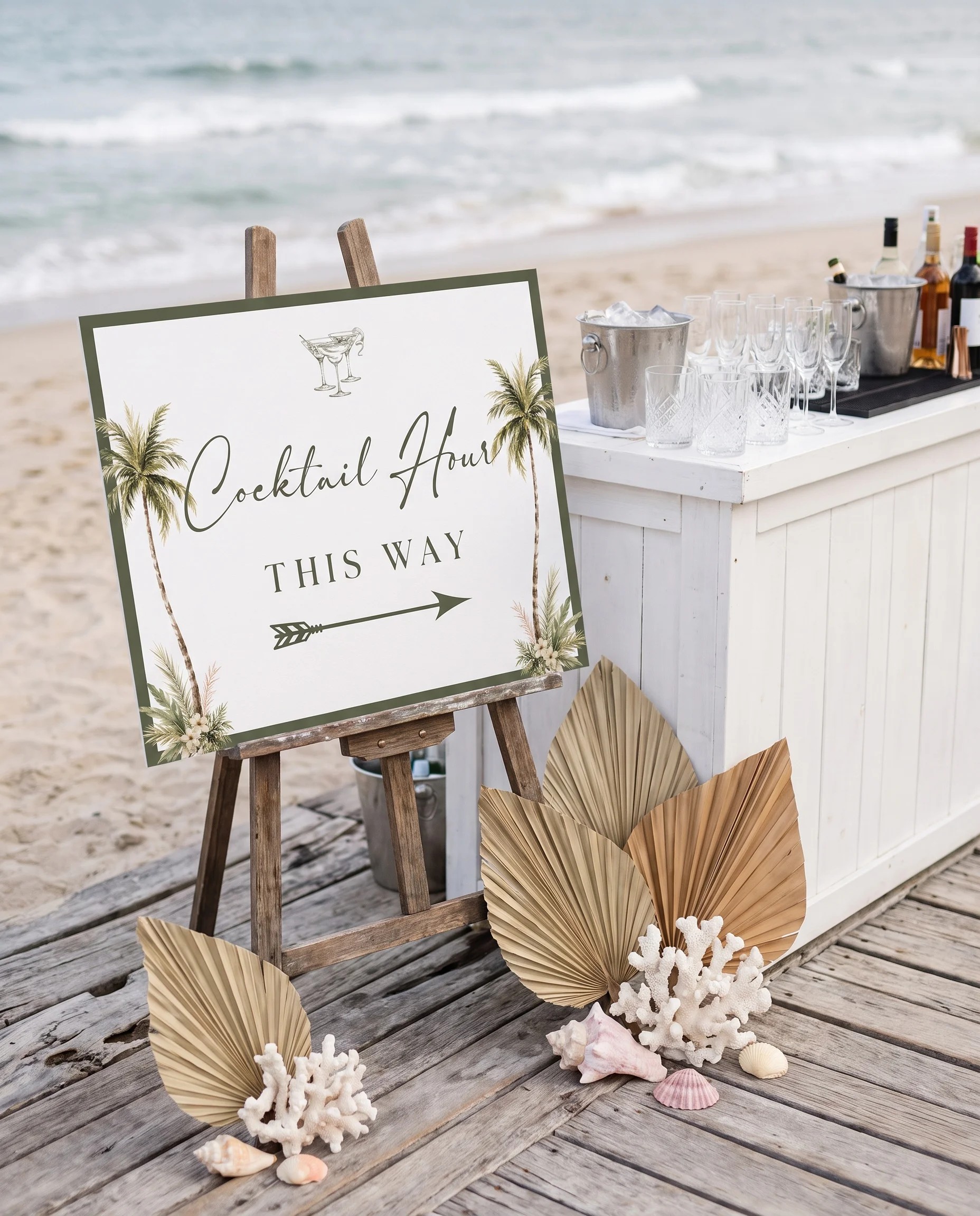 Palmetto Shore wedding cocktail hour sign — shown beside a drinks station on premium editorial paper under soft natural light, cocktail hour sign.
