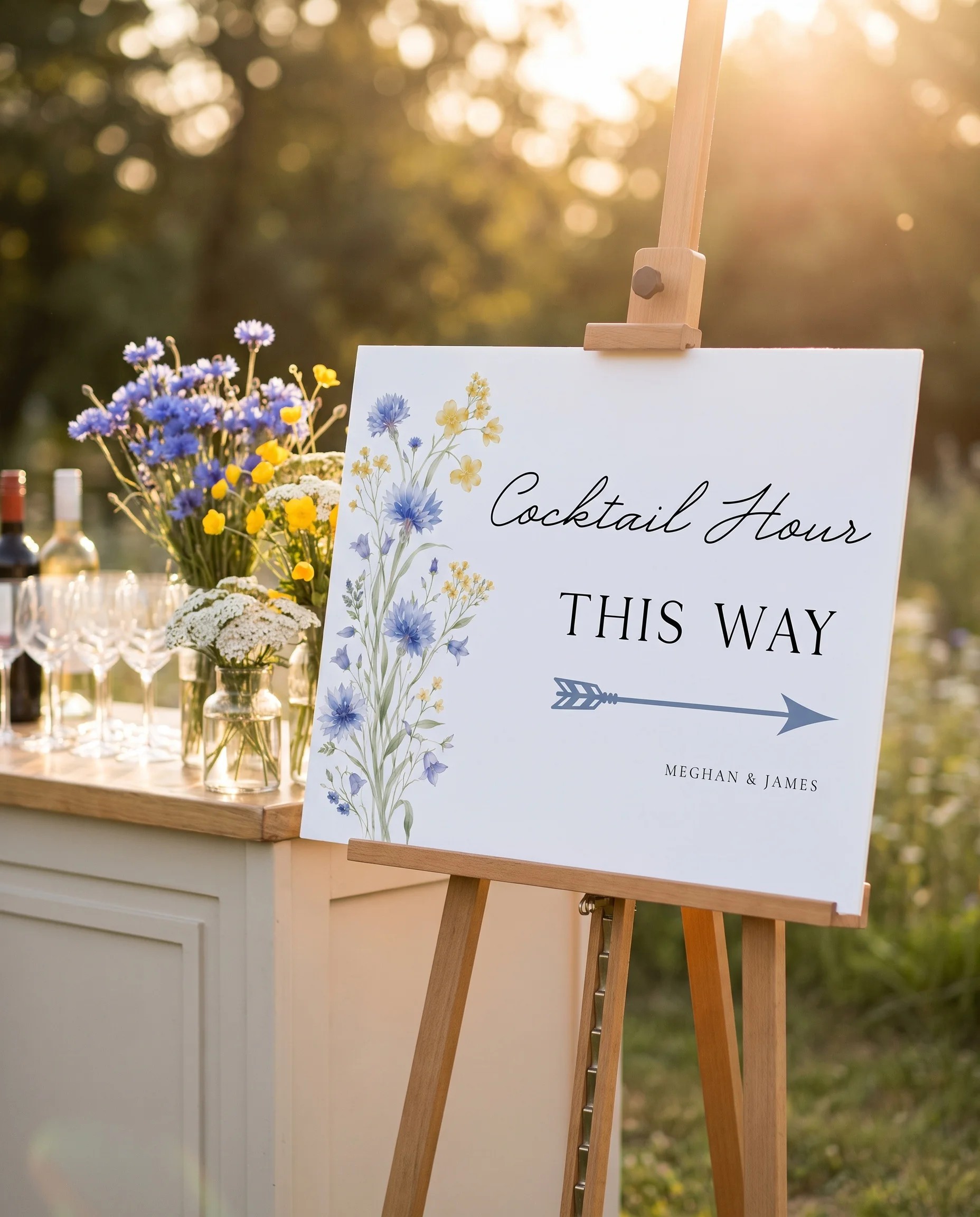 Cornflower wedding cocktail hour sign — shown beside a drinks station on premium editorial paper in soft natural light, cocktail hour sign.