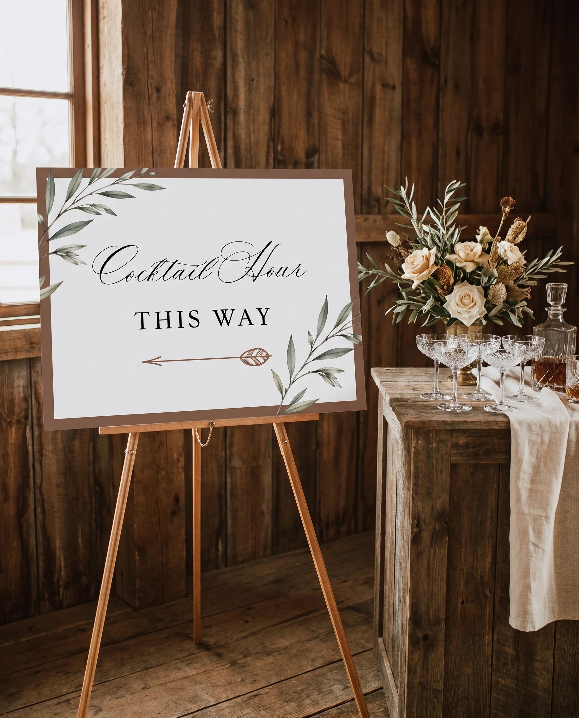 Olive Arc wedding cocktail hour sign — displayed beside a drinks station on premium editorial paper in soft natural light, cocktail hour sign.
