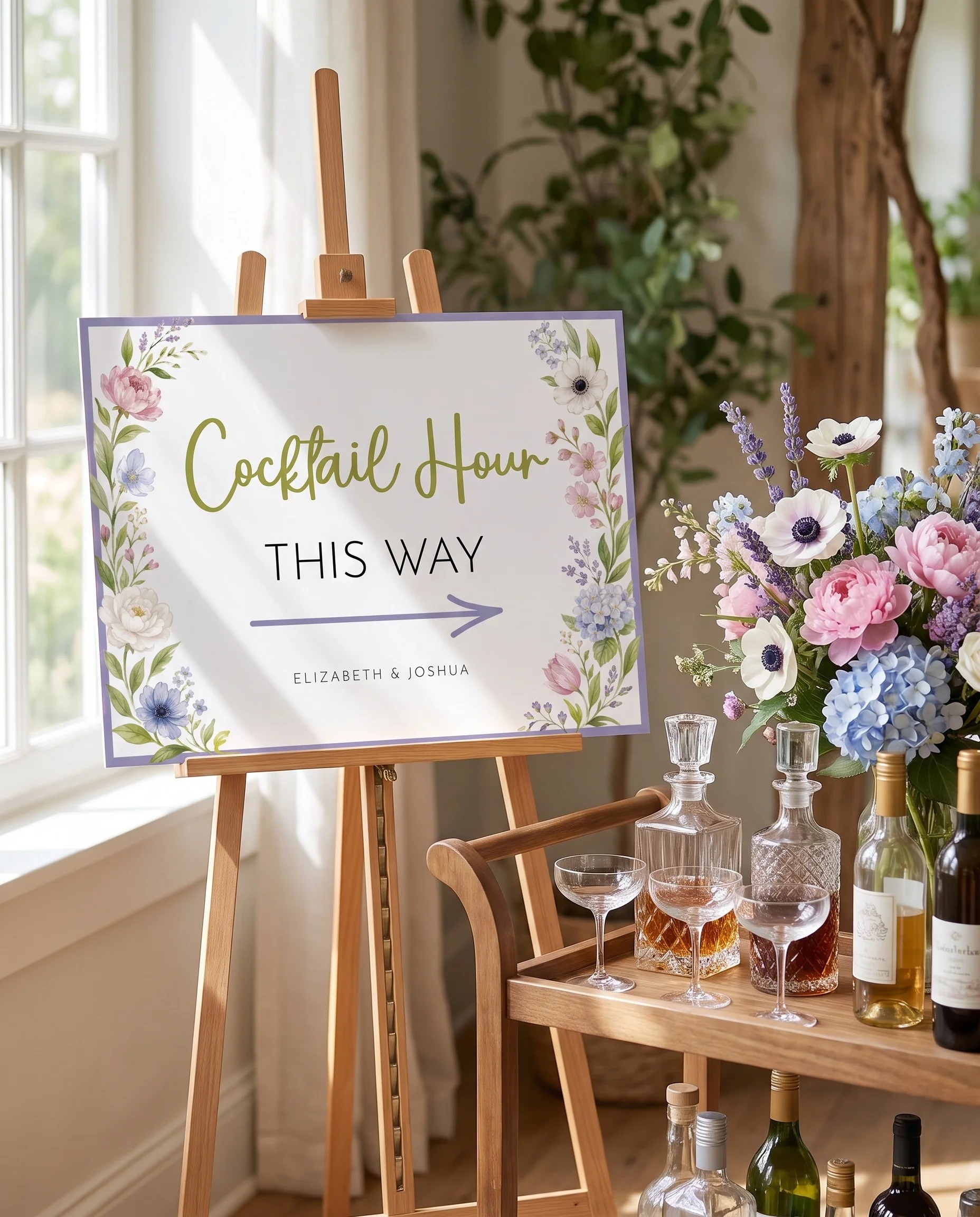 Anemone Toast wedding cocktail hour sign — displayed beside a drinks station on premium editorial paper under soft natural light, cocktail hour sign.
