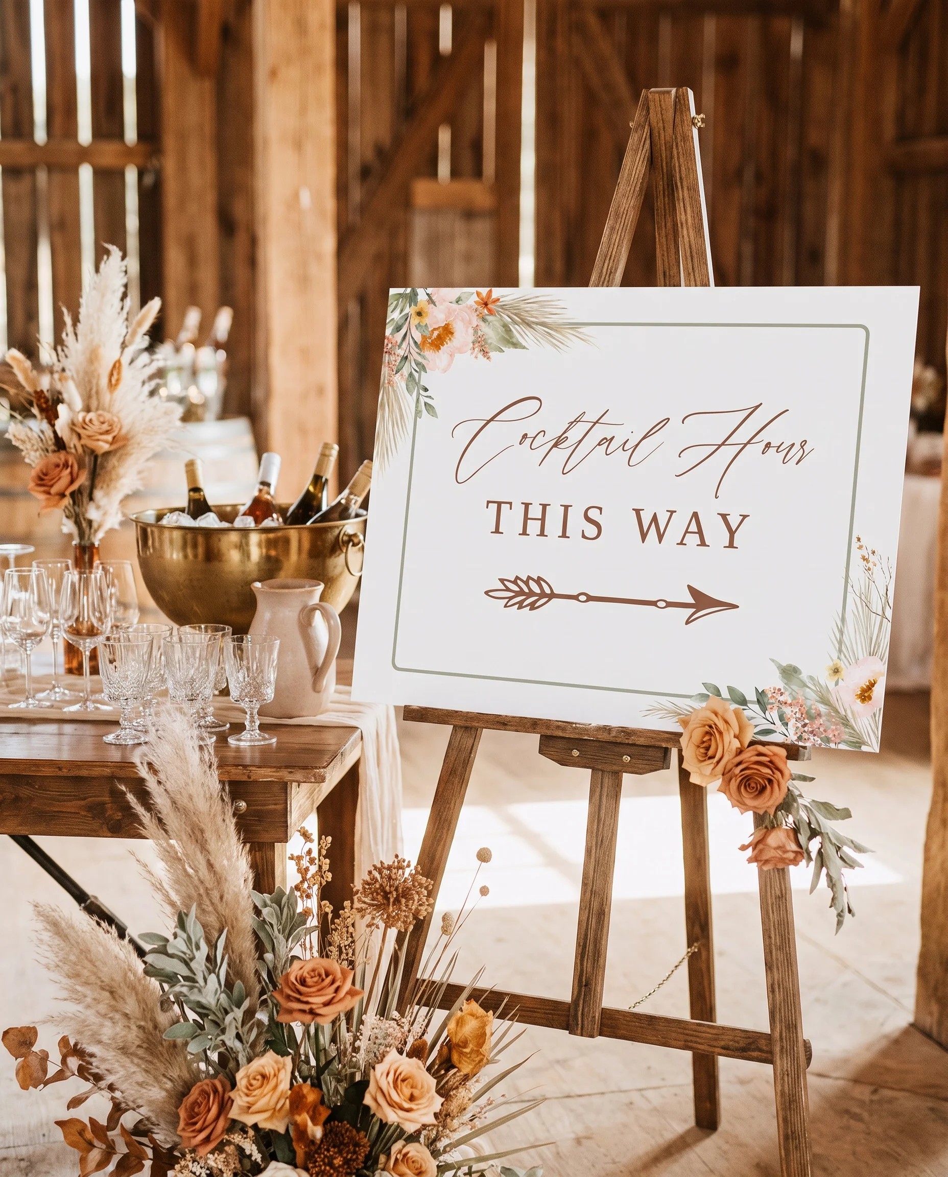 Prairie Fern wedding cocktail hour sign — shown beside a drinks station on premium editorial paper in soft natural light, cocktail hour sign.