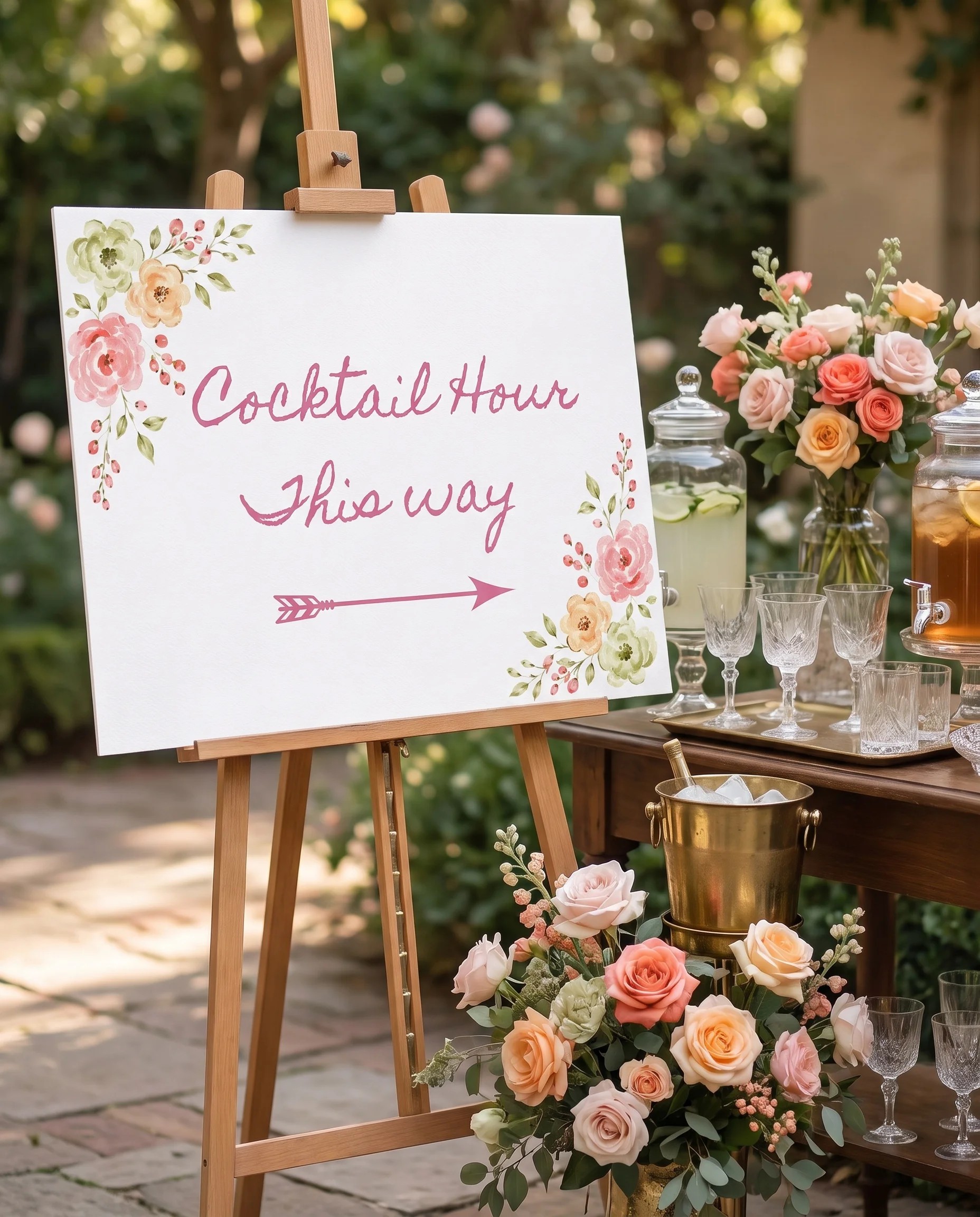 Blush Garland wedding cocktail hour sign — shown beside a drinks station on premium editorial paper under soft natural light, cocktail hour sign.
