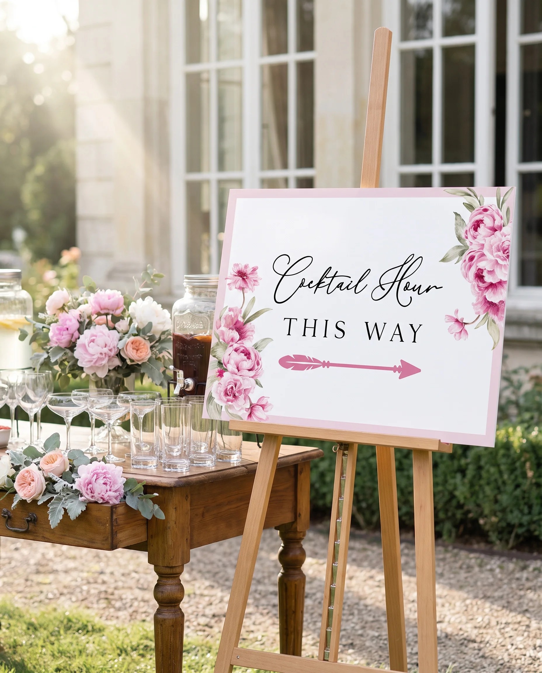 Blush Peony wedding cocktail hour sign — displayed beside a drinks station under soft natural light, cocktail hour sign.