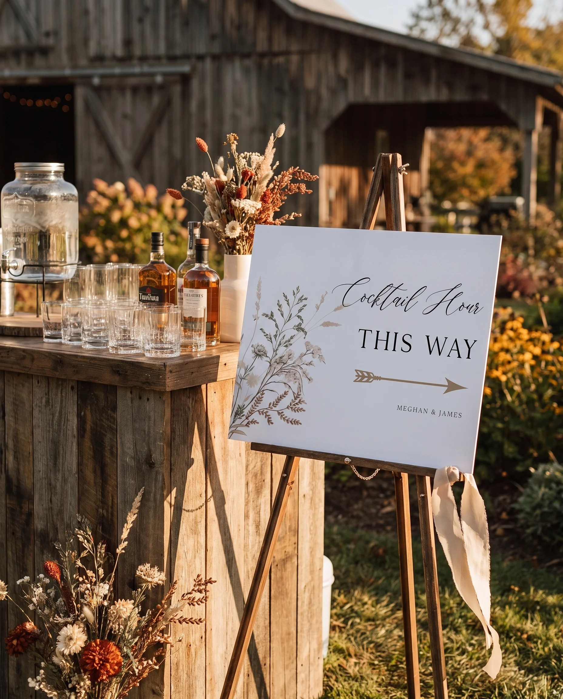 Bramble Court wedding cocktail hour sign — shown beside a drinks station under soft natural light, premium editorial paper, cocktail hour sign.