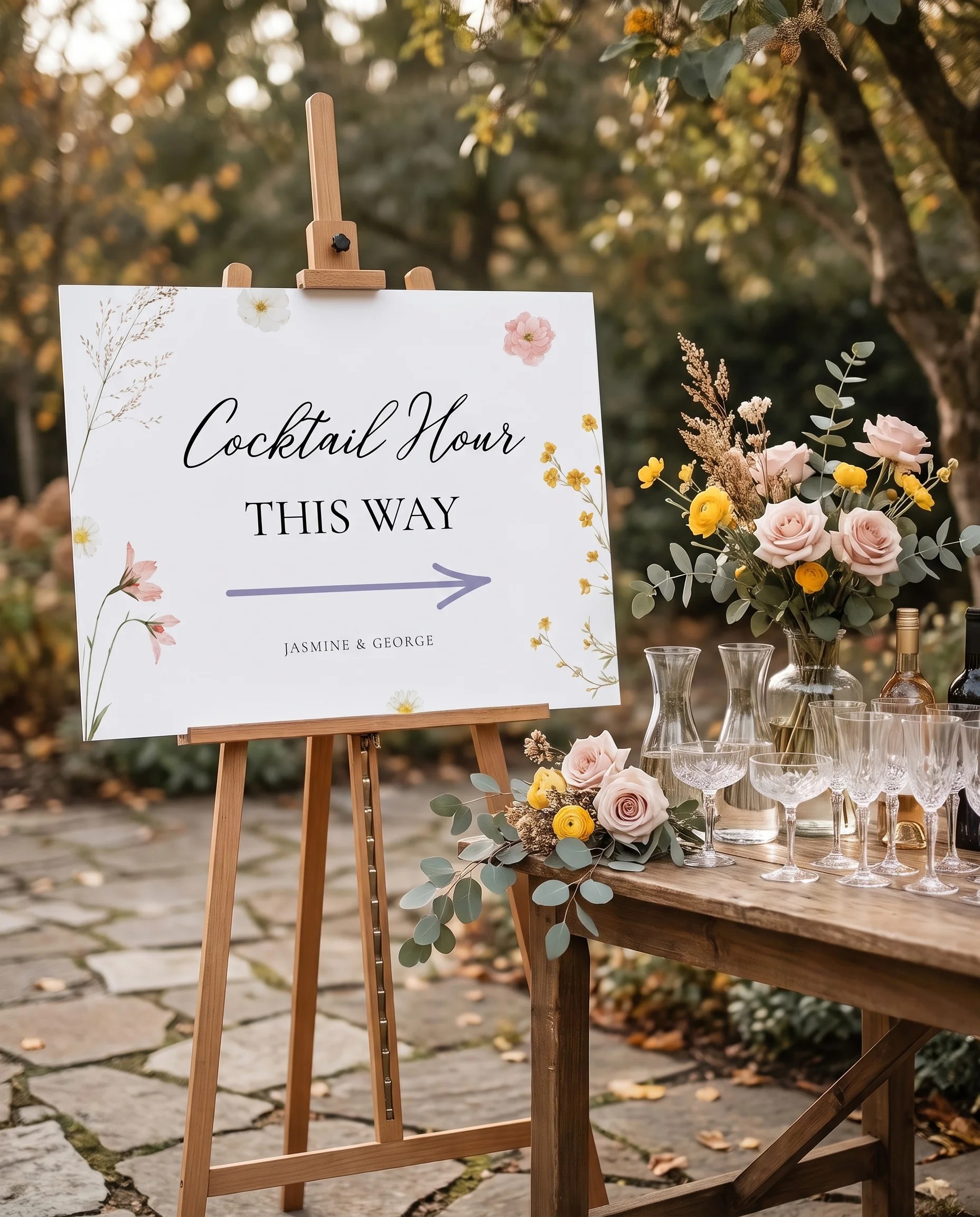 Marigold Petal wedding cocktail hour sign — shown beside a drinks station on premium editorial paper in soft natural light, cocktail hour sign.