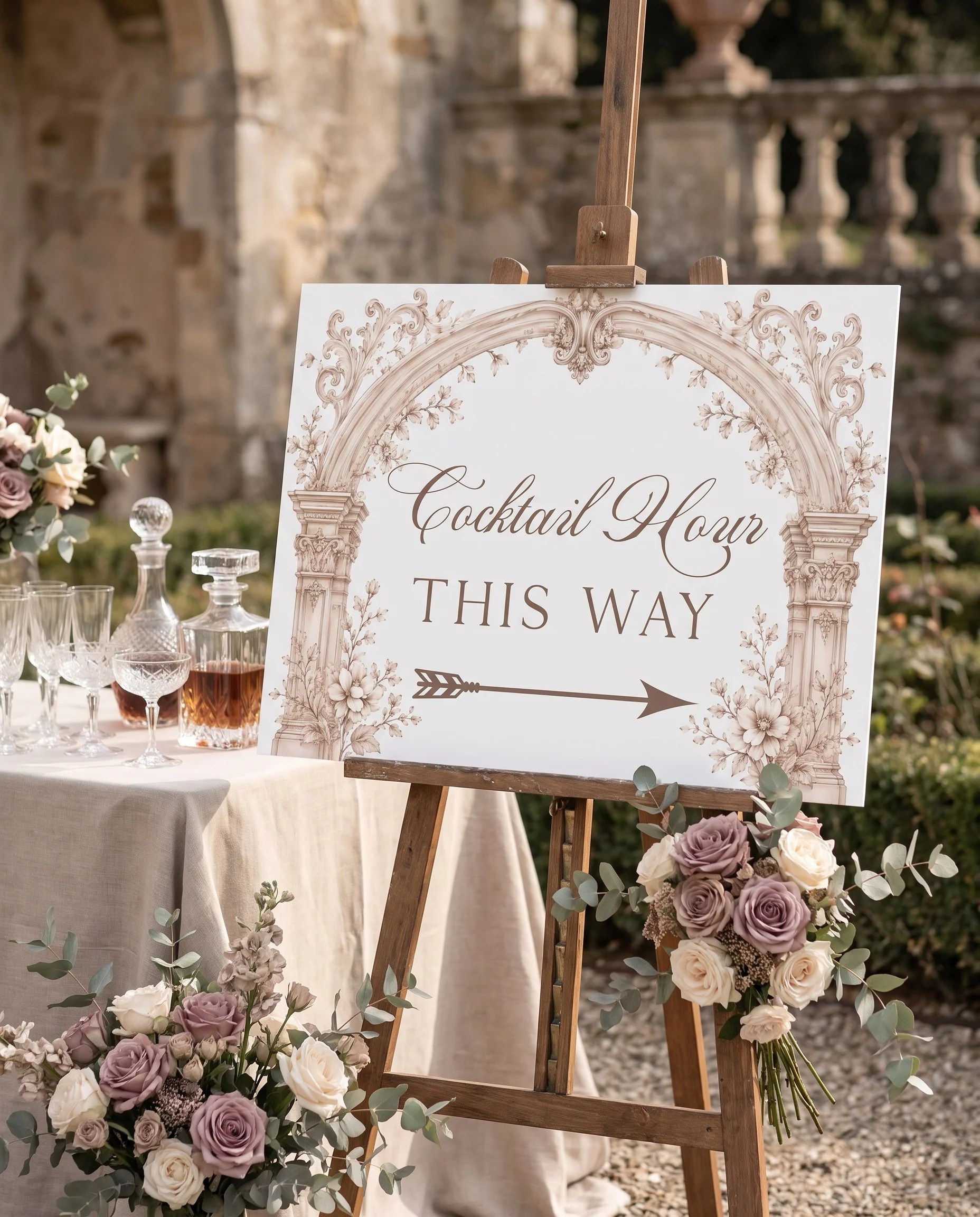 Hinge Script wedding cocktail hour sign — displayed beside a drinks station on premium editorial paper in soft natural light, cocktail hour sign.