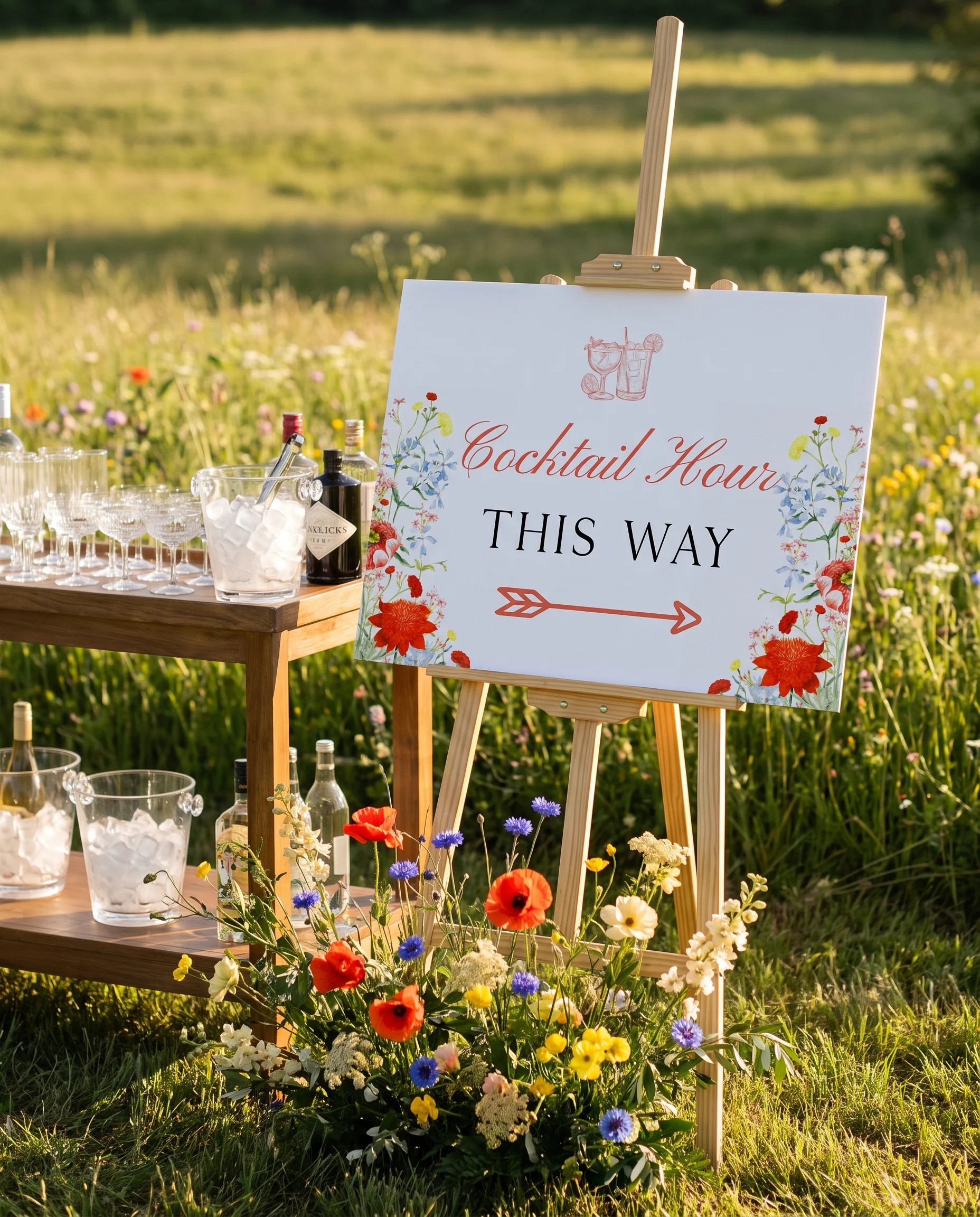 Poppy Meridian wedding cocktail hour sign — shown beside a drinks station on premium editorial paper in soft natural light, cocktail hour sign.