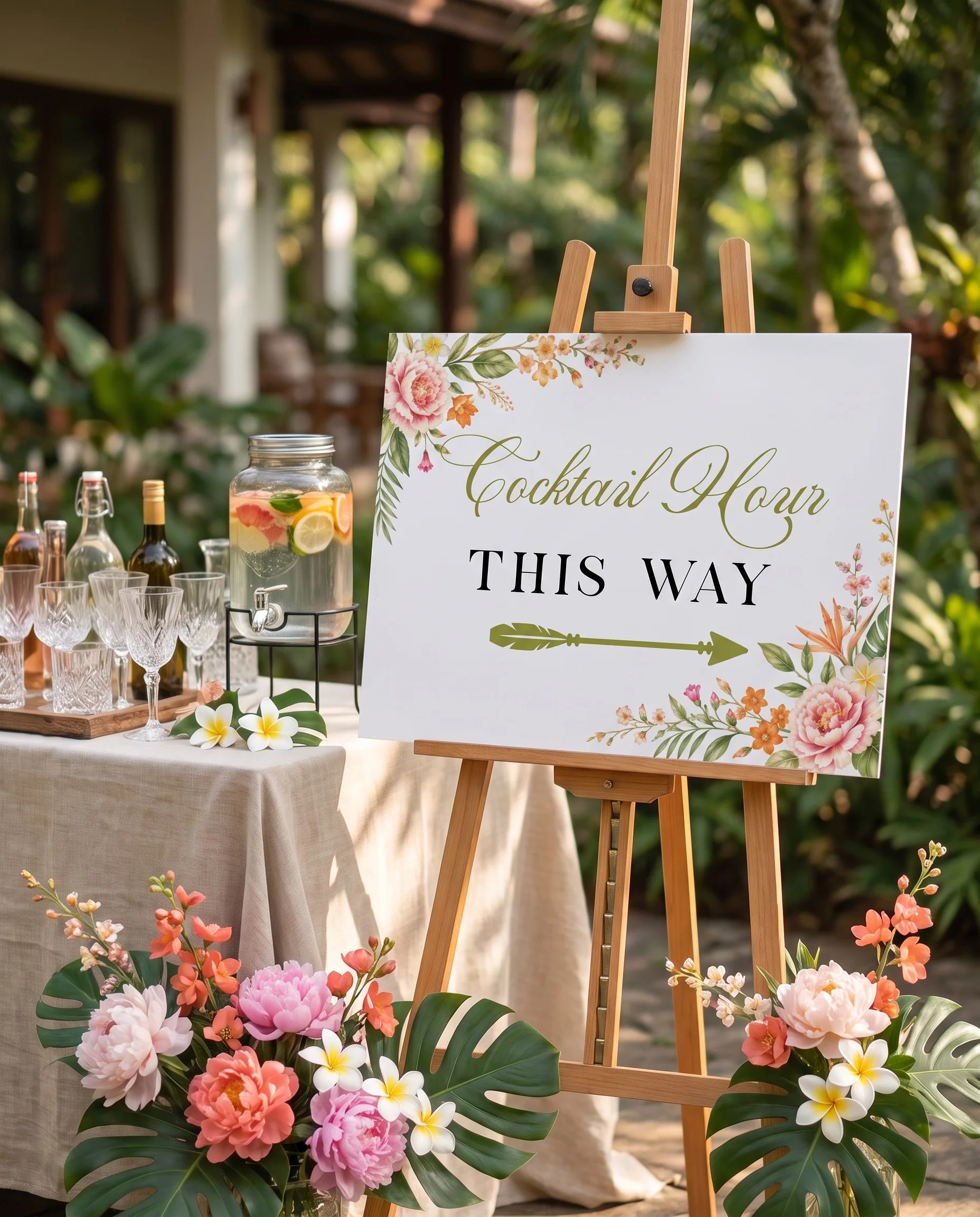 Plumeria Peony wedding cocktail hour sign — displayed beside a drinks station on premium editorial paper in soft natural light, cocktail hour sign.