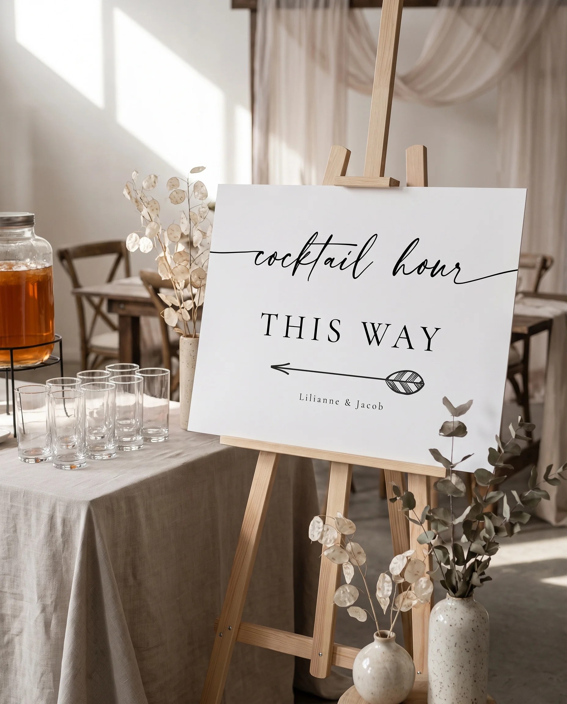 Tonal Reply wedding cocktail hour sign — displayed beside a drinks station on premium editorial paper in soft natural light, cocktail hour sign.