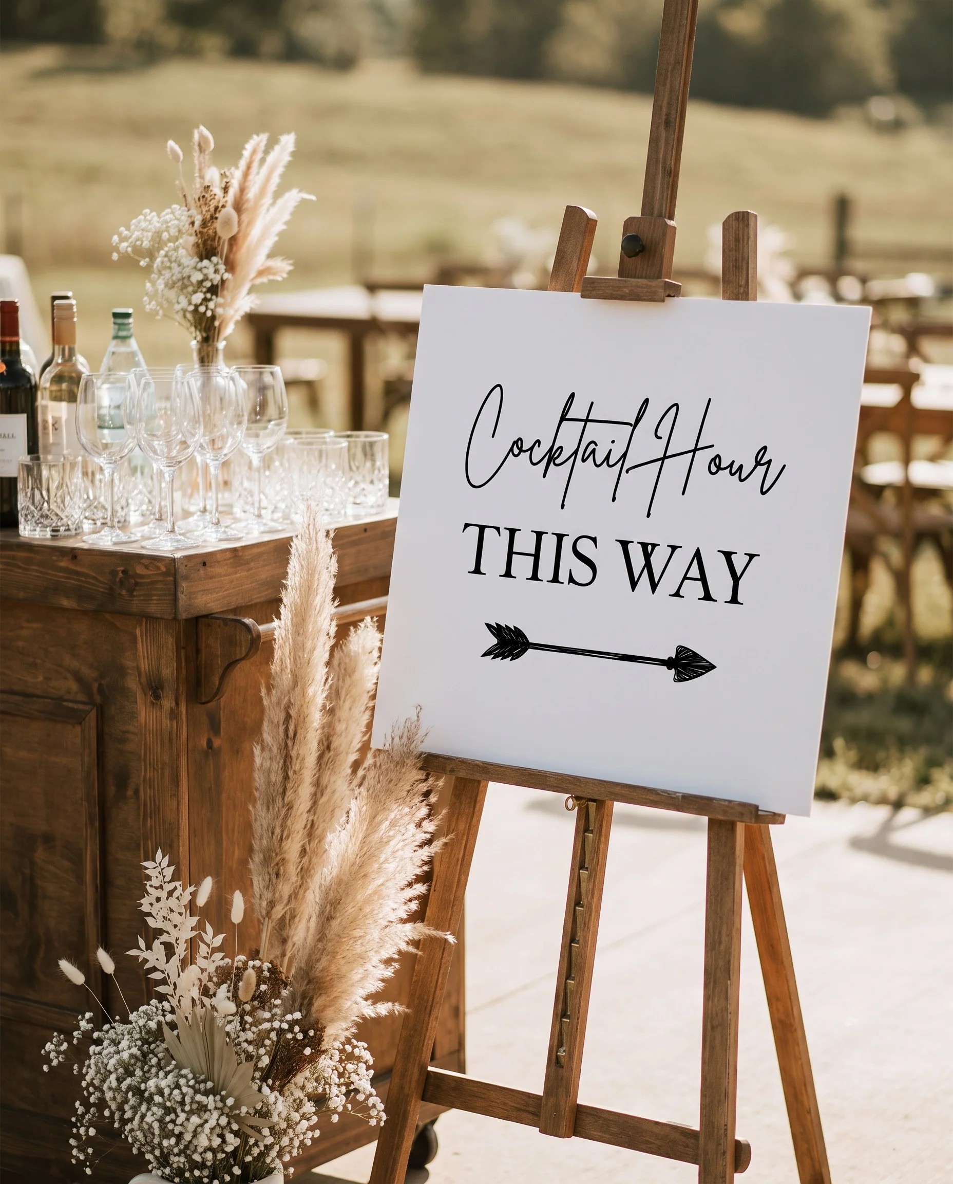 Arrowcrest wedding cocktail hour sign — shown beside a drinks station on premium editorial paper under soft natural light, cocktail hour sign.