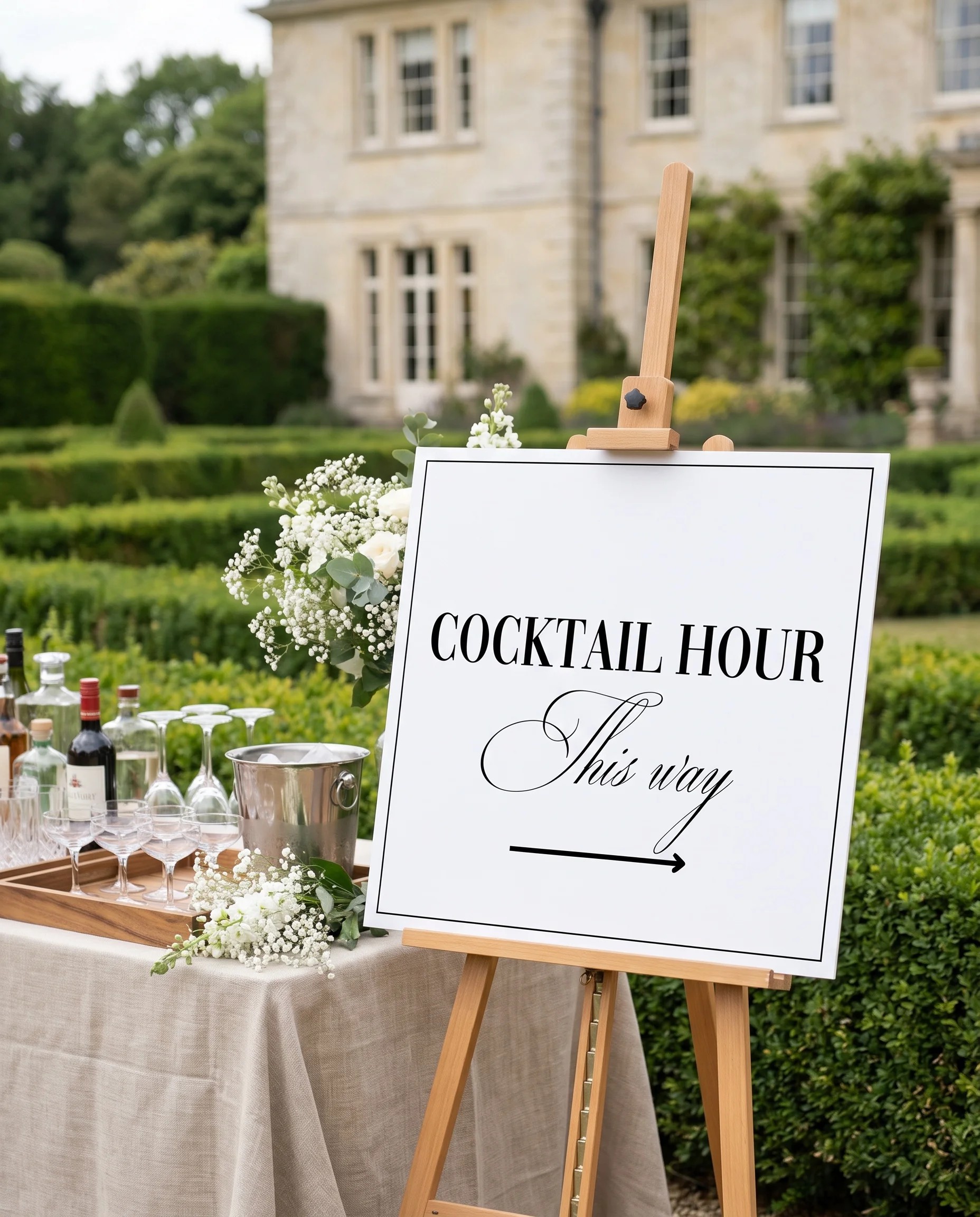 Crestline wedding cocktail hour sign — shown beside a drinks station on premium editorial paper under soft natural light, cocktail hour sign.