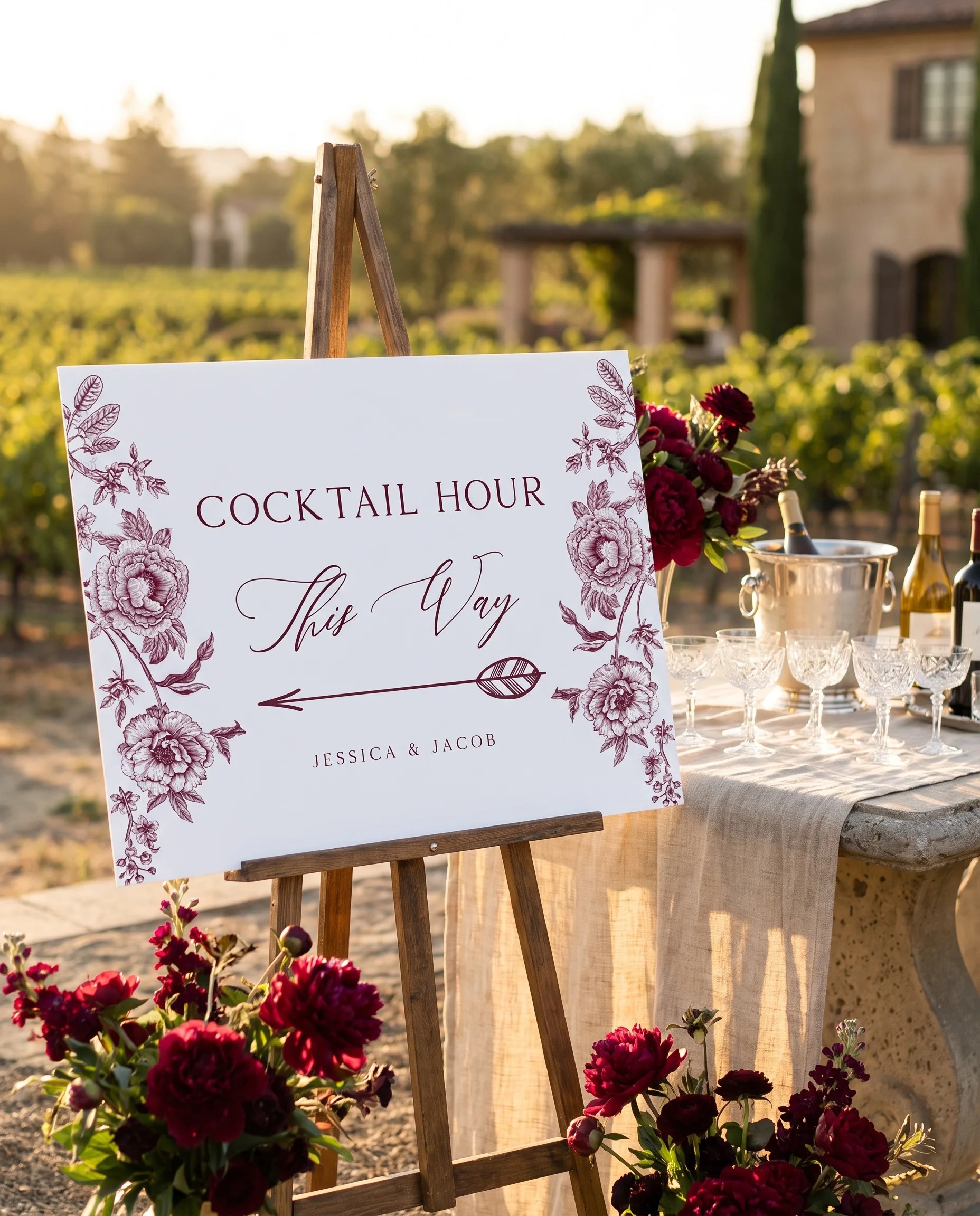 Chantilly wedding cocktail hour sign — shown beside a drinks station on premium editorial paper under soft natural light, cocktail hour sign.