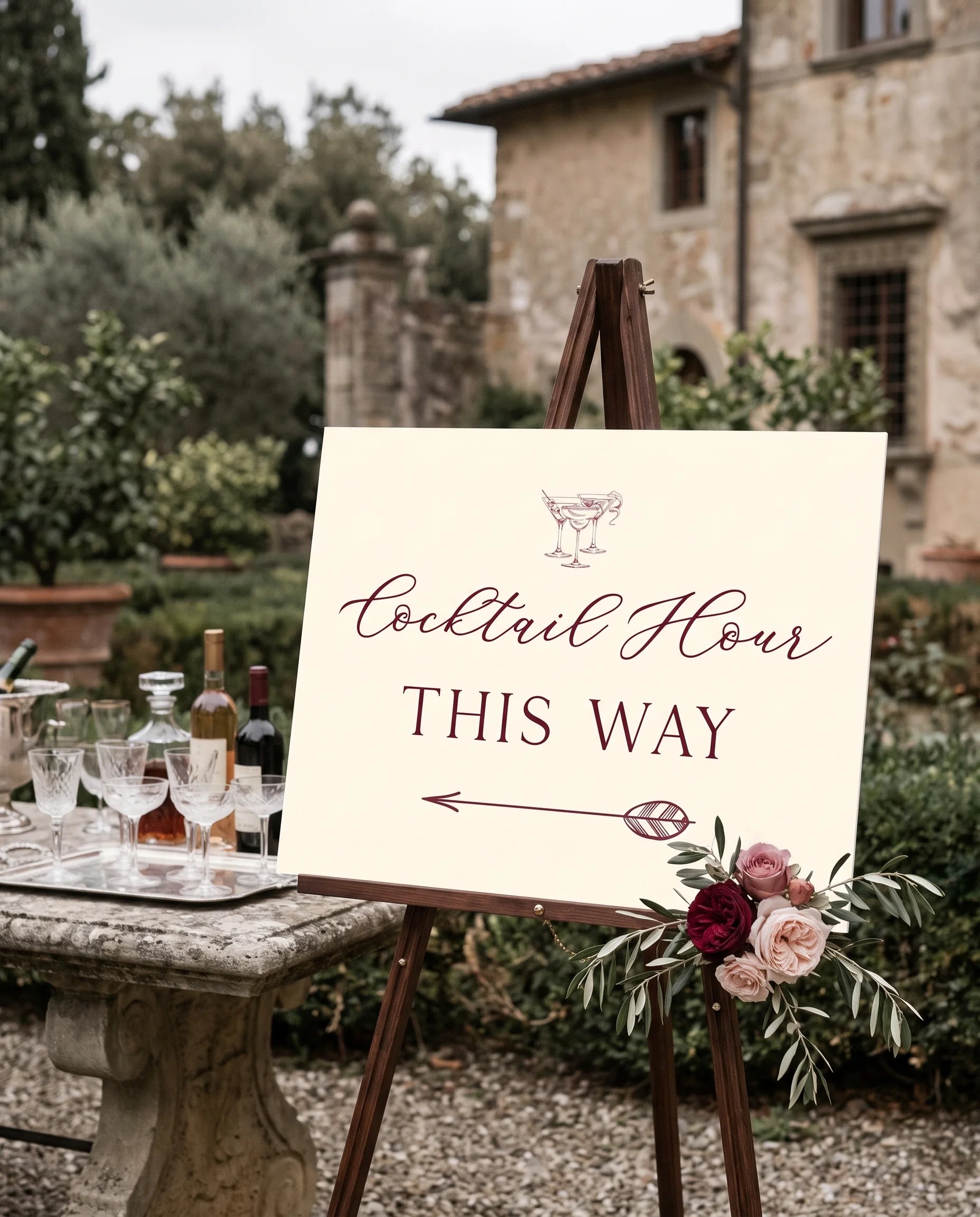 Claret Vine wedding cocktail hour sign — shown beside a drinks station on premium editorial paper in soft natural light, cocktail hour sign.