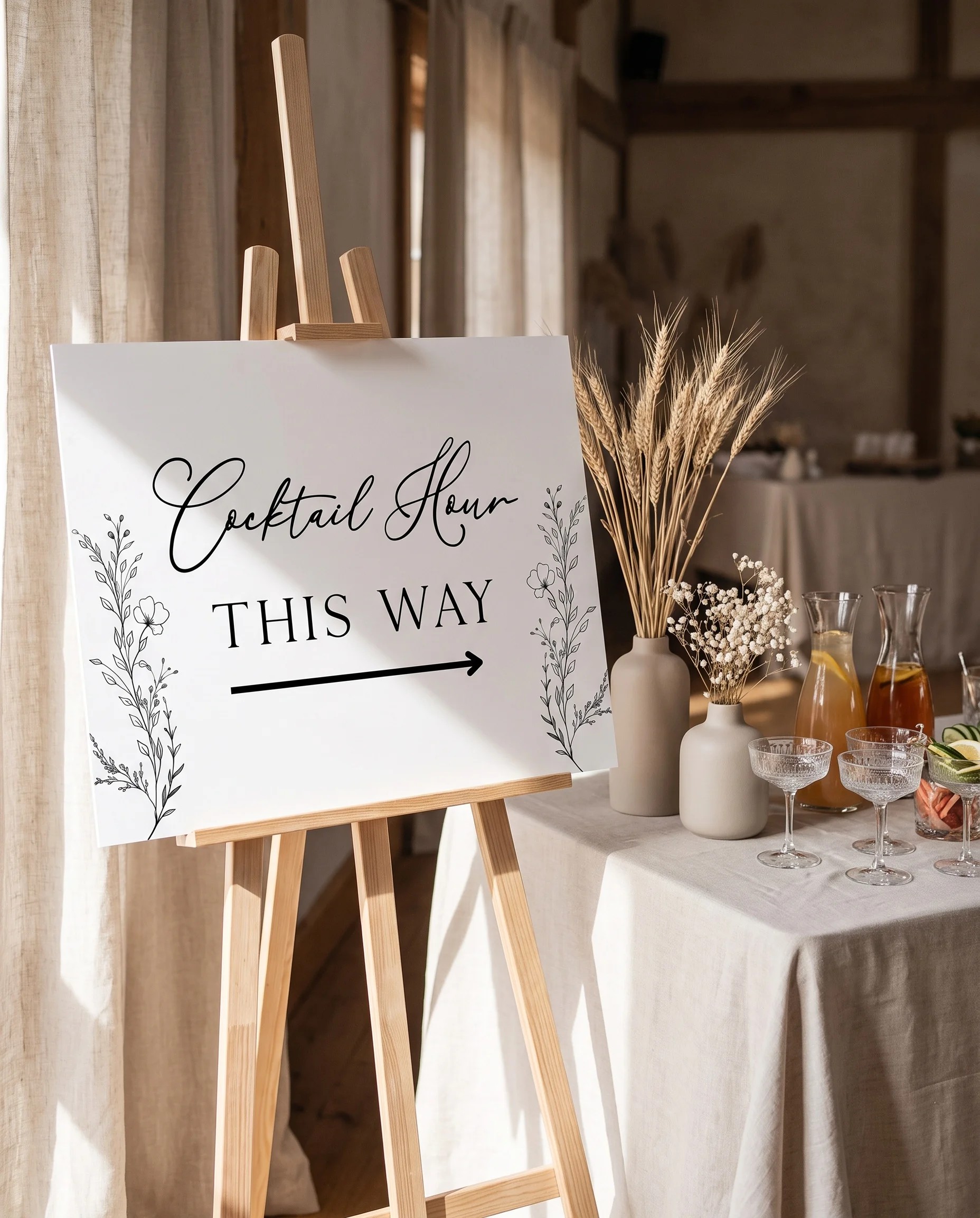 Meadow Sprig wedding cocktail hour sign — shown beside a drinks station on premium editorial paper under soft natural light, cocktail hour sign.