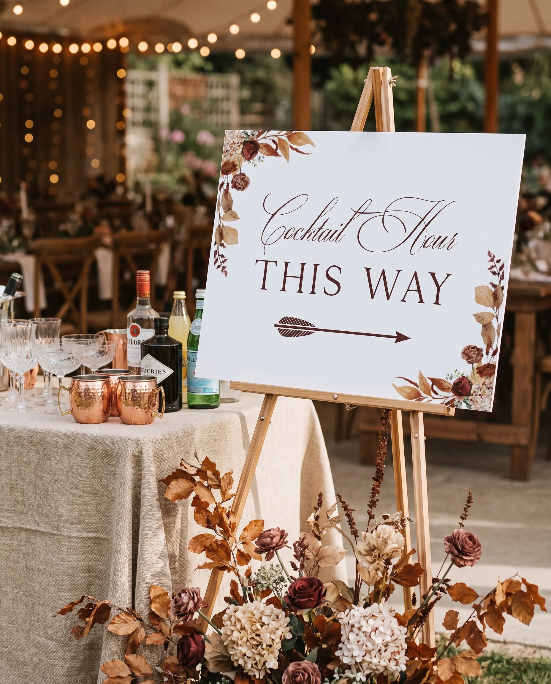 Bramble Row wedding cocktail hour sign — shown beside a drinks station on premium editorial paper in soft natural light, cocktail hour sign.