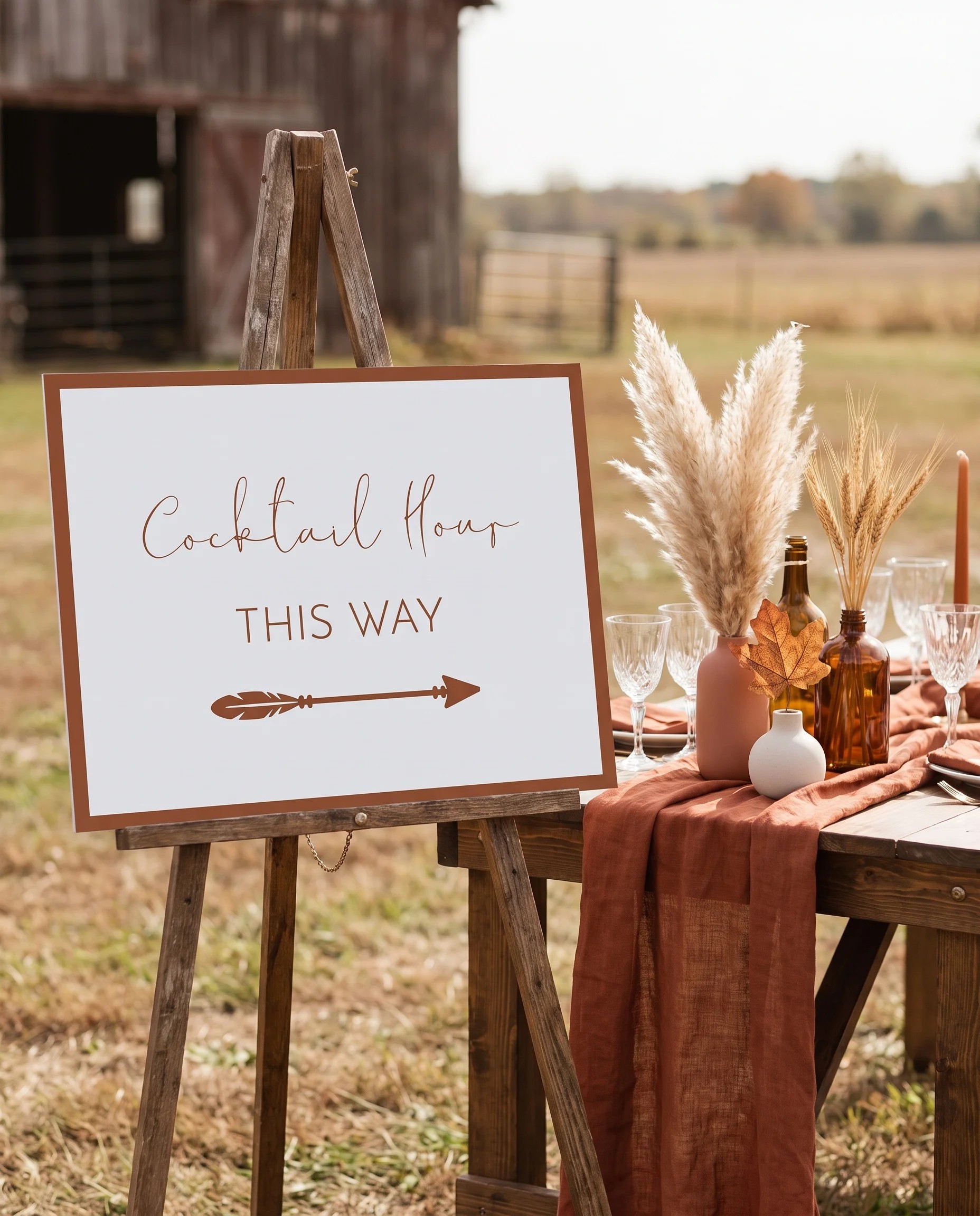 Stevens wedding cocktail hour sign — single page displayed beside a drinks station under soft natural light, cocktail hour sign.