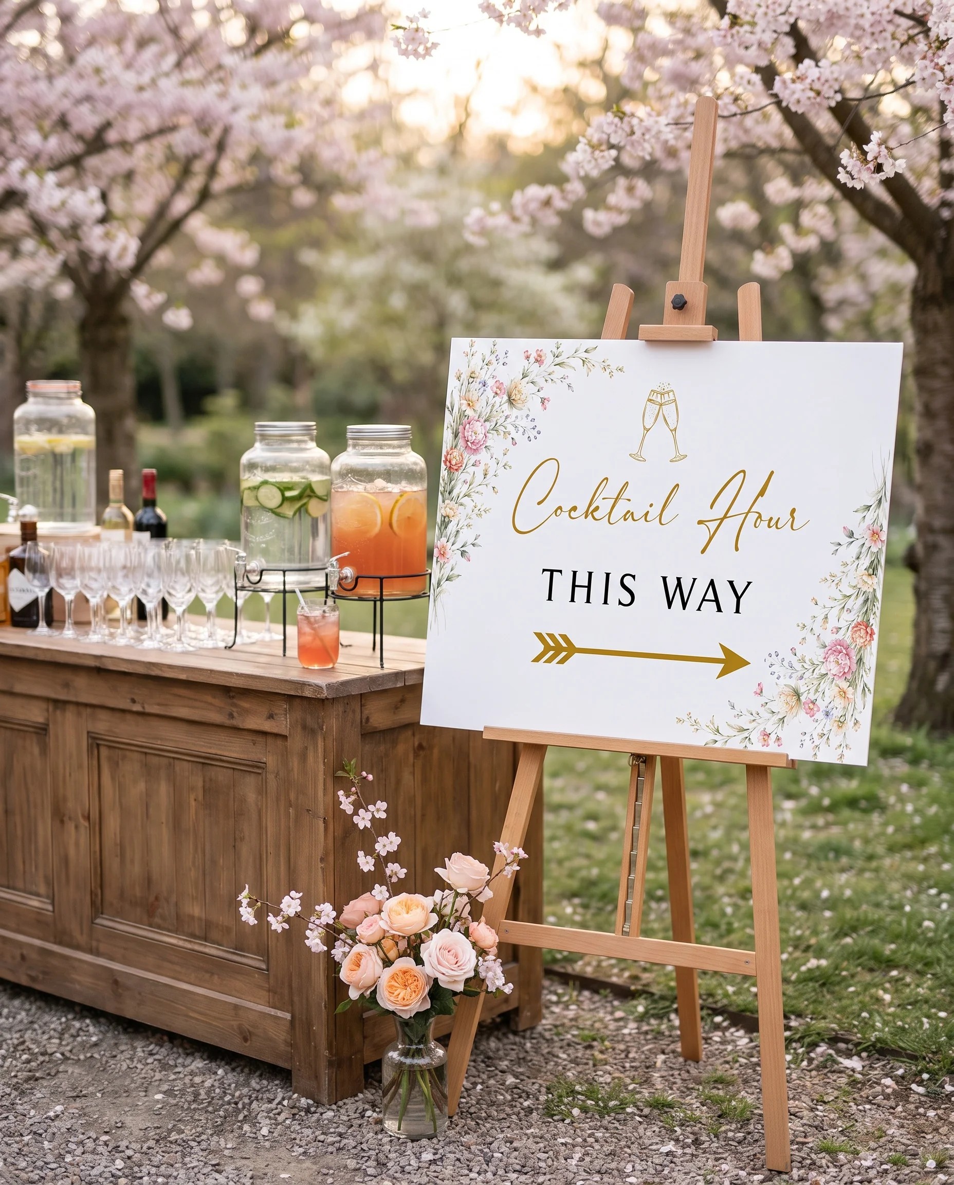 Petal Arbor wedding cocktail hour sign — shown beside a drinks station on premium editorial paper in soft natural light, cocktail hour sign.
