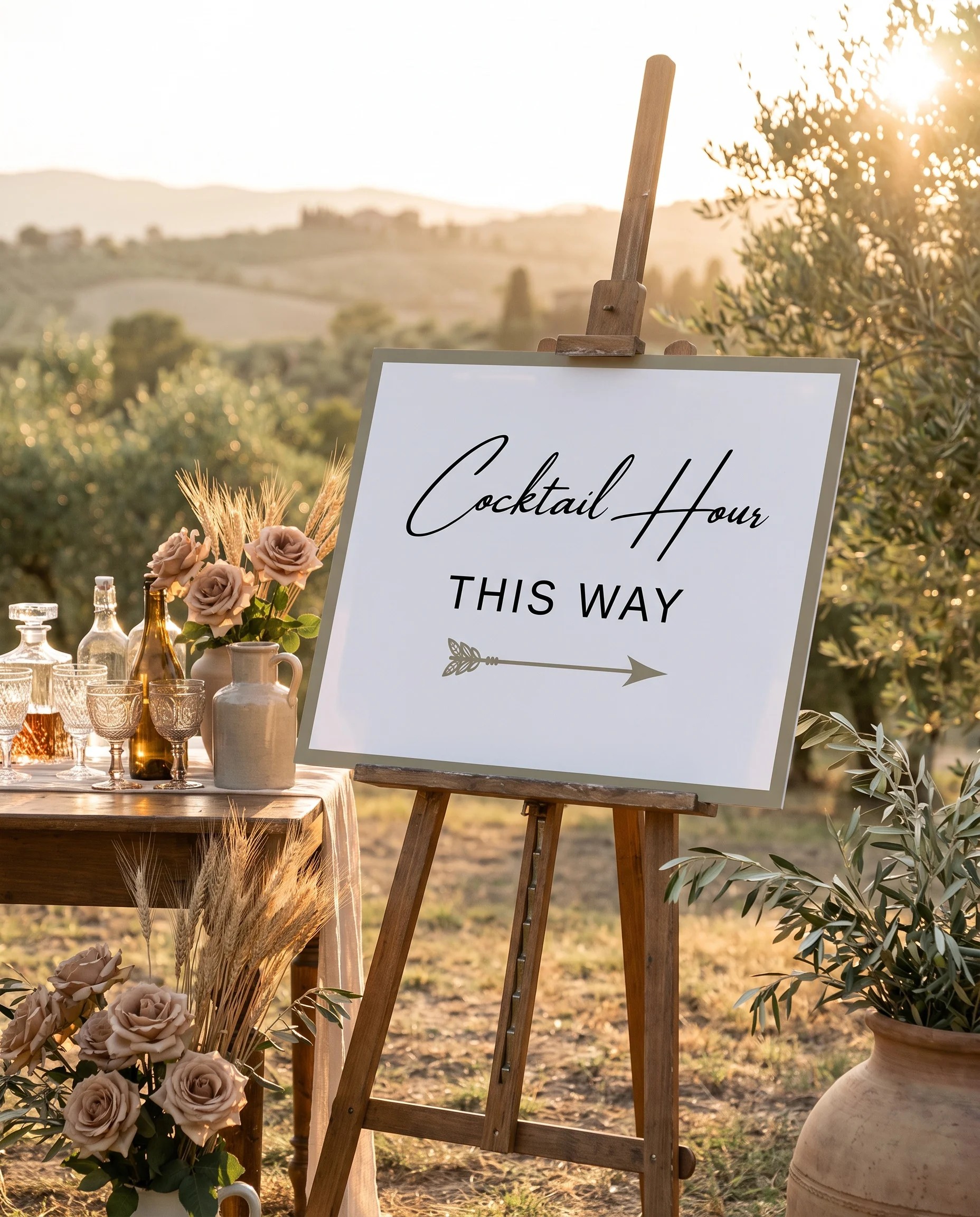 Golden Vale wedding cocktail hour sign — shown beside a drinks station on premium editorial paper under soft natural light, cocktail hour sign.