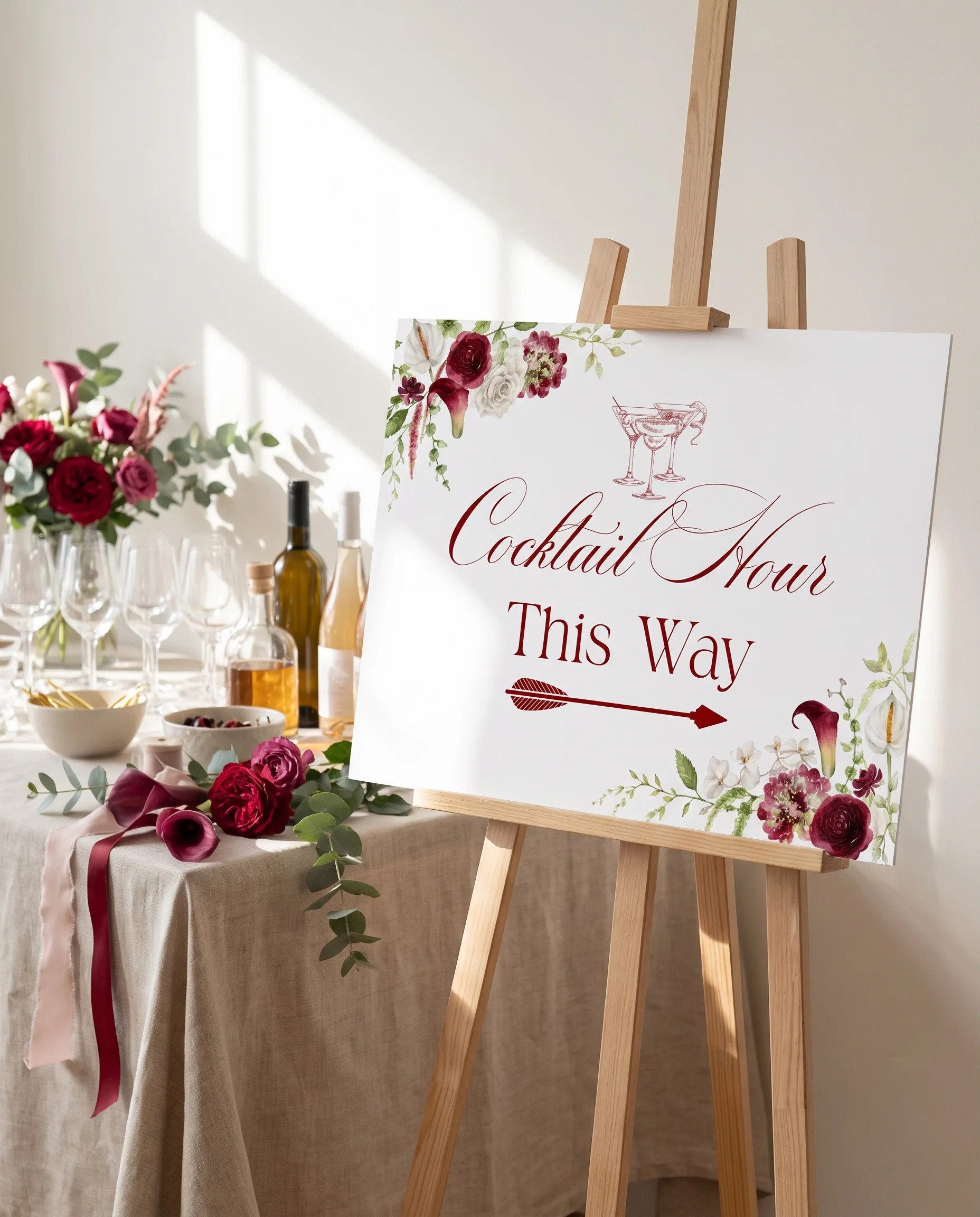 Burgundy Calla wedding cocktail hour sign — shown beside a drinks station on premium editorial paper in soft natural light, cocktail hour sign.